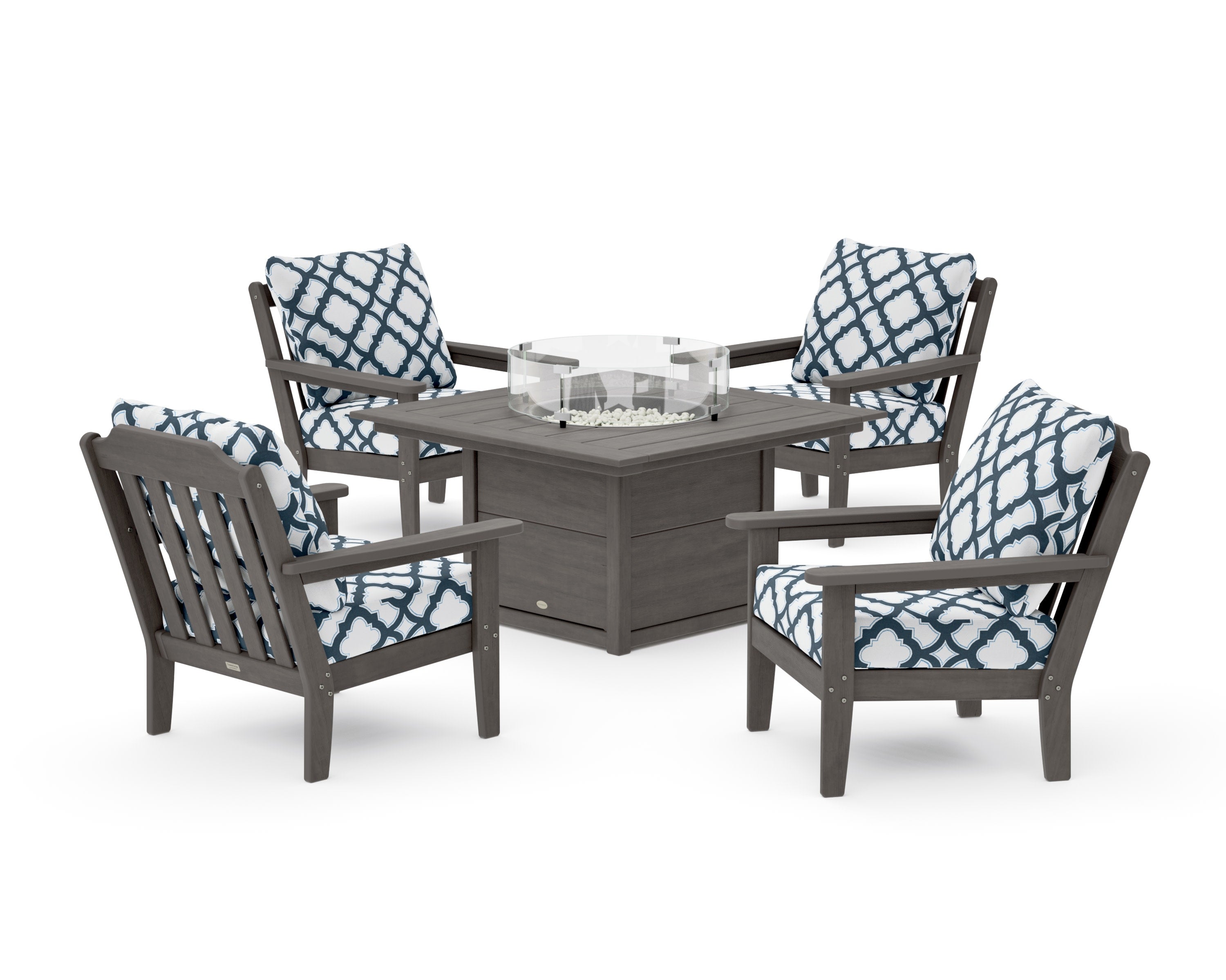 Cottage 5-Piece Deep Seating Set with Fire Pit Table in Driftwood / Trellis Marine Indigo