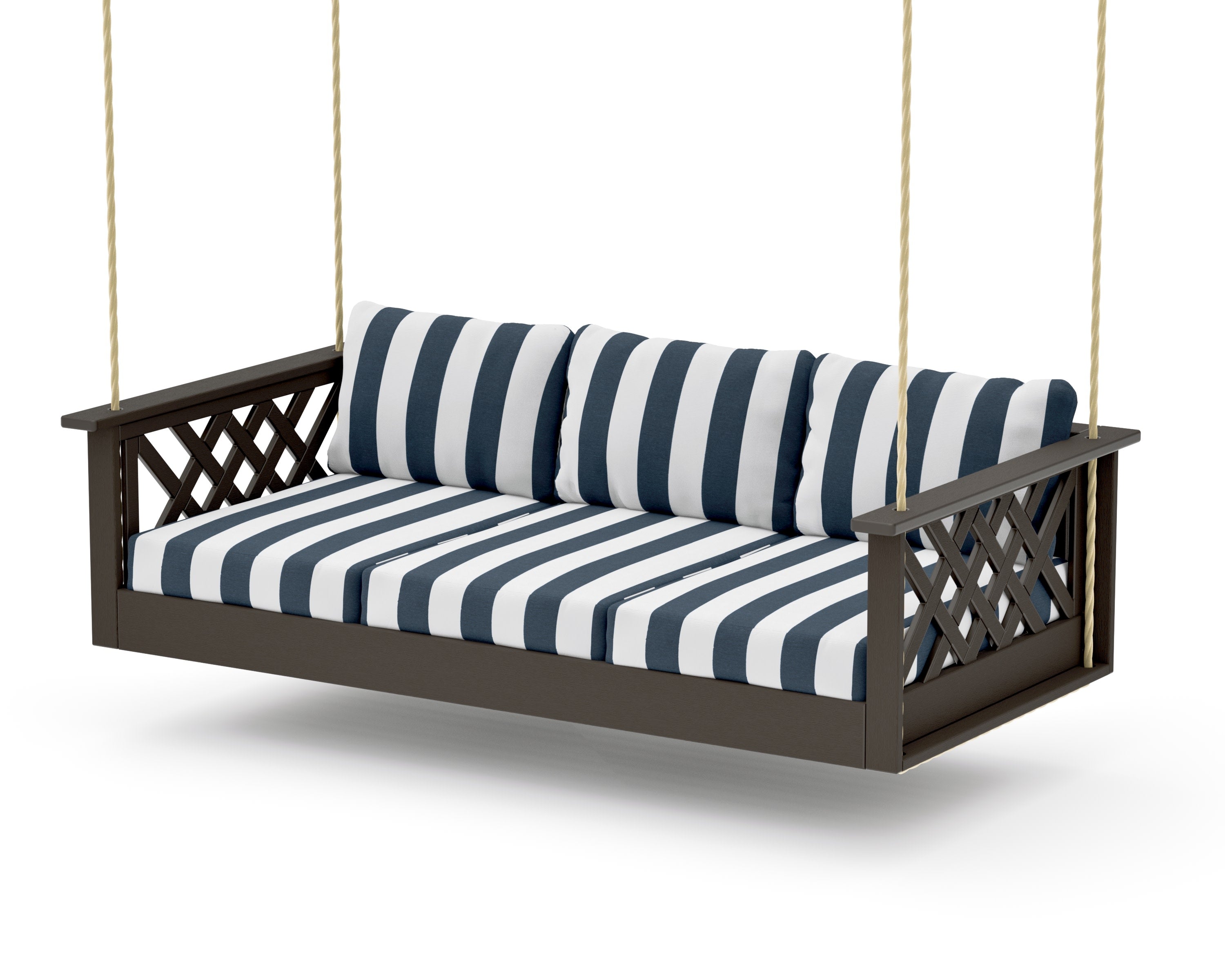 Wovendale Daybed Swing in Vintage Coffee / Cabana Stripe Marine Indigo