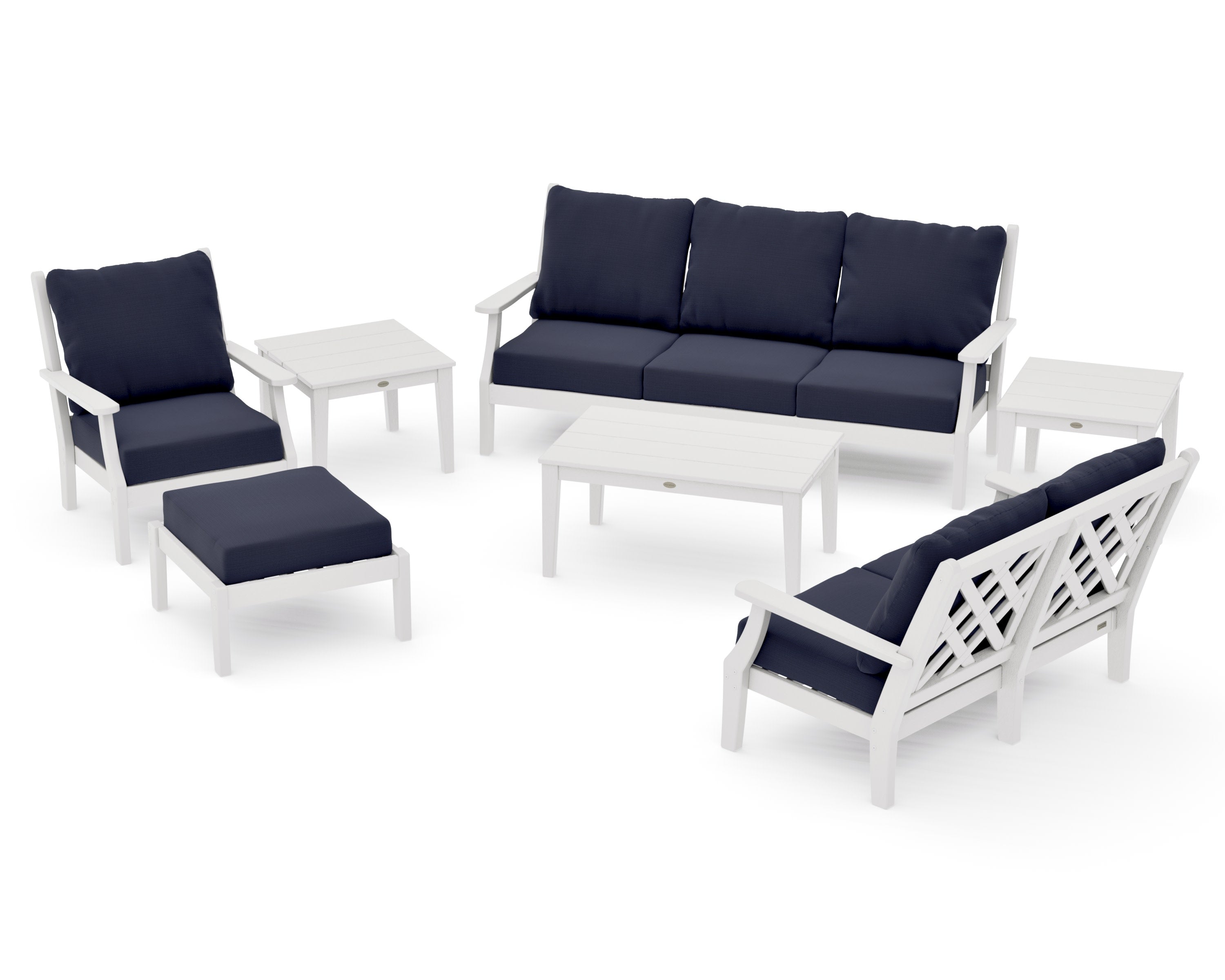 Wovendale 7-Piece Deep Seating Set in Vintage White / Navy Linen