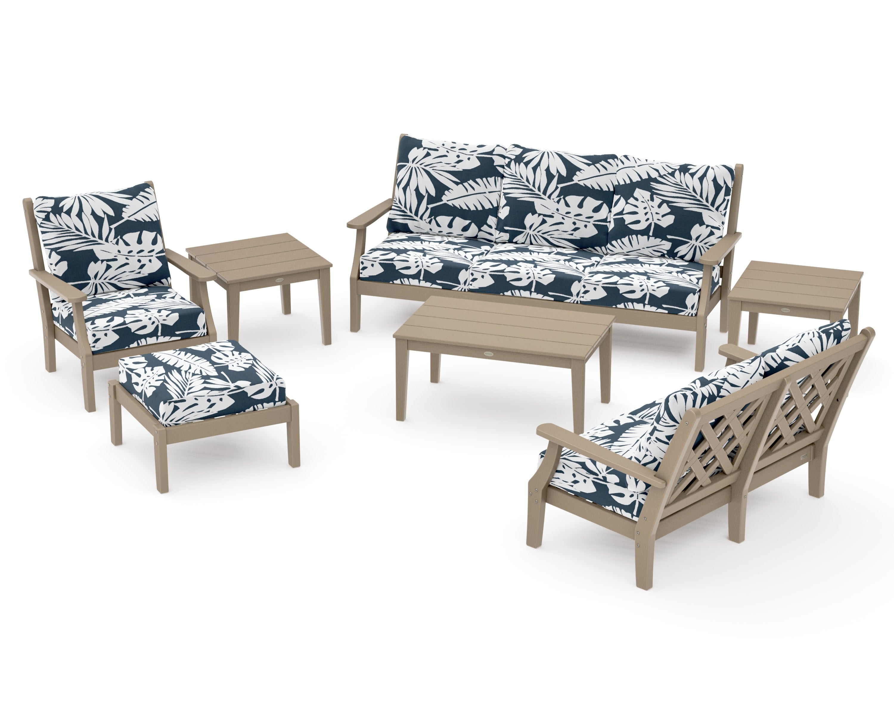 Wovendale 7-Piece Deep Seating Set in Vintage Sahara / Leaf Marine Indigo