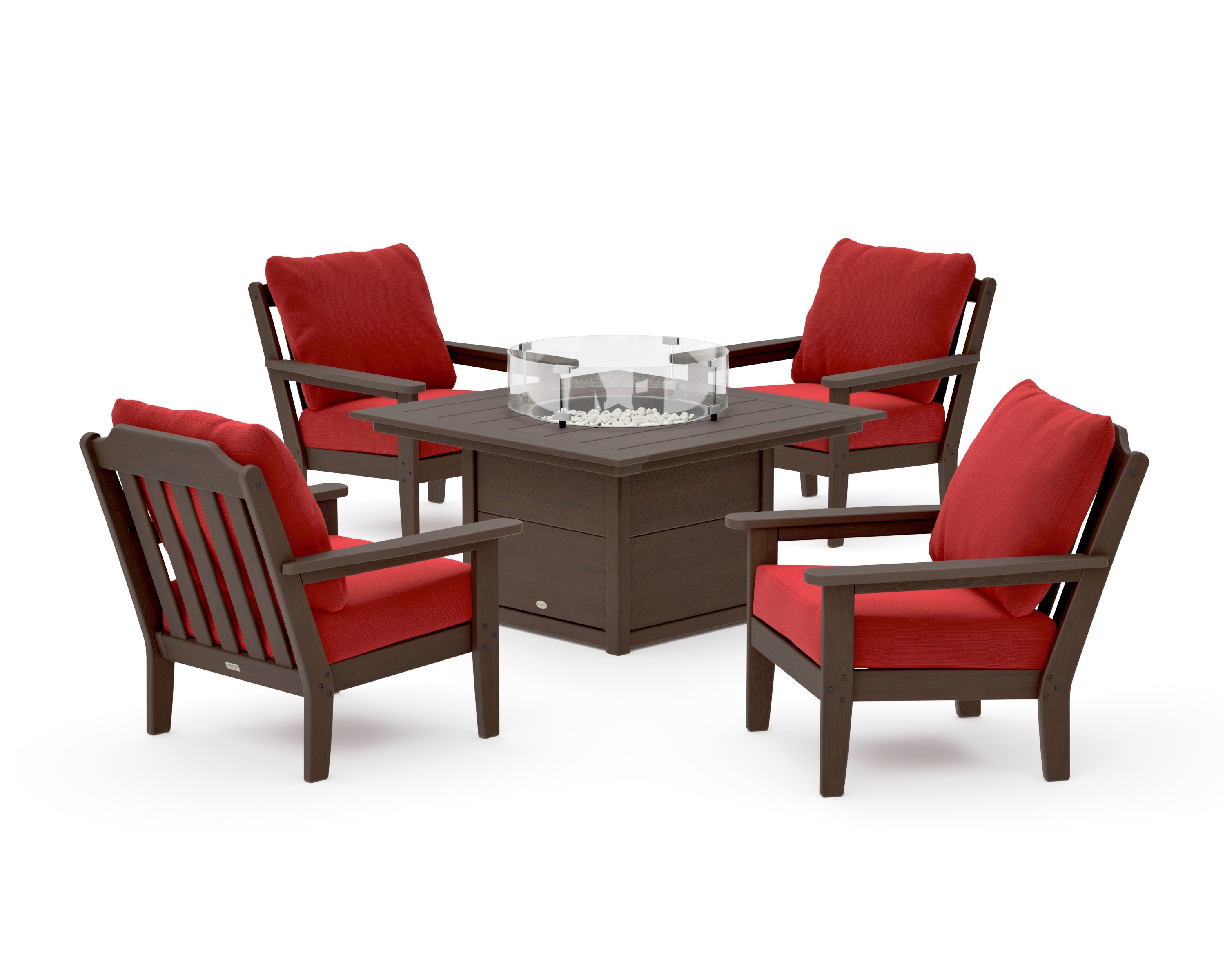 Cottage 5-Piece Deep Seating Set with Fire Pit Table in Kona / Crimson Linen
