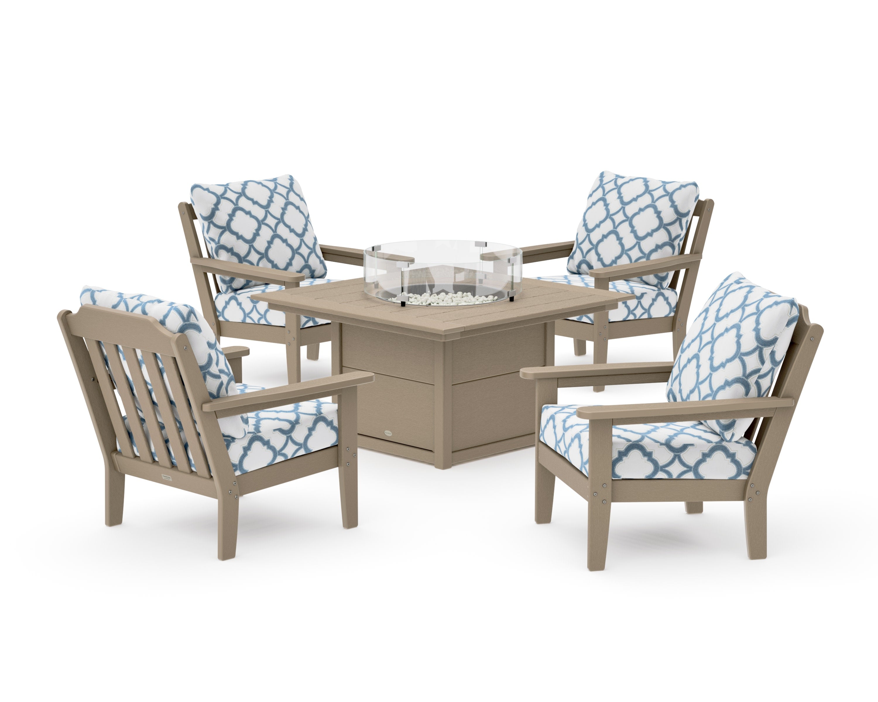Cottage 5-Piece Deep Seating Set with Fire Pit Table in Vintage Sahara / Trellis Sky Blue