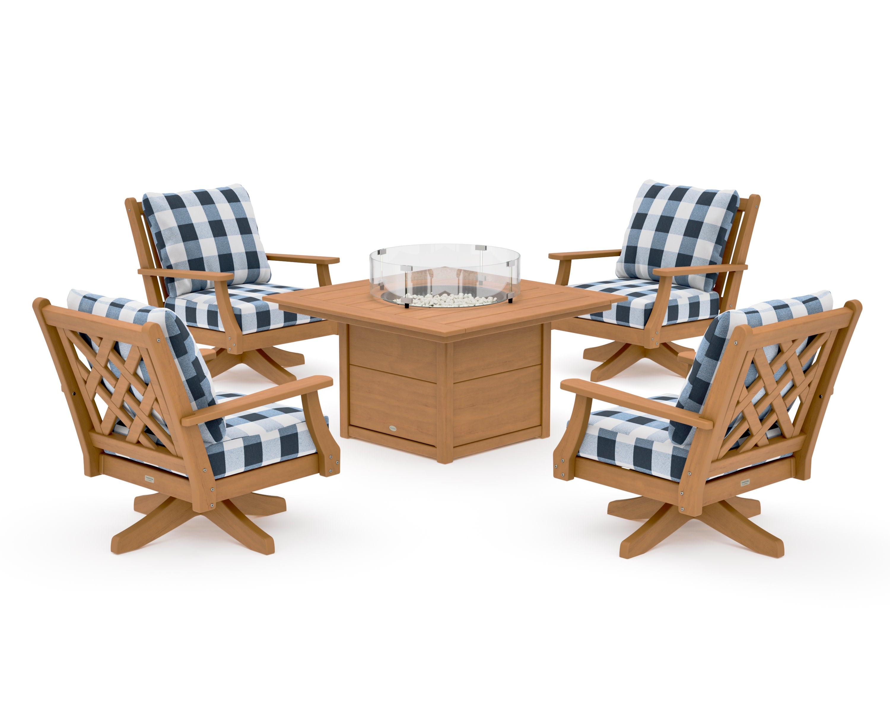 Wovendale 5-Piece Deep Seating Swivel Conversation Set with Fire Pit Table in Natural / Buffalo Plaid Marine Indigo