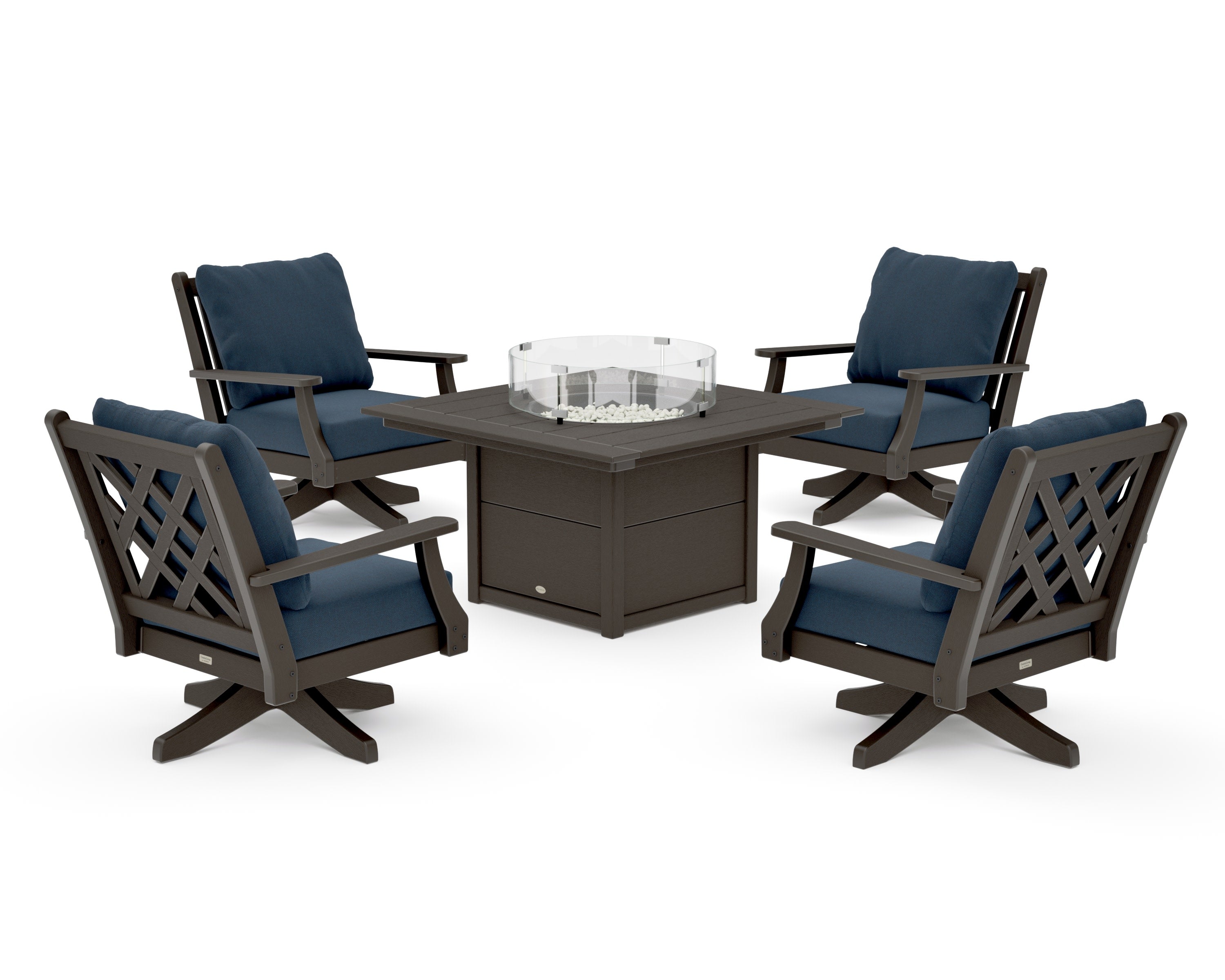 Wovendale 5-Piece Deep Seating Swivel Conversation Set with Fire Pit Table in Vintage Coffee / Marine Indigo