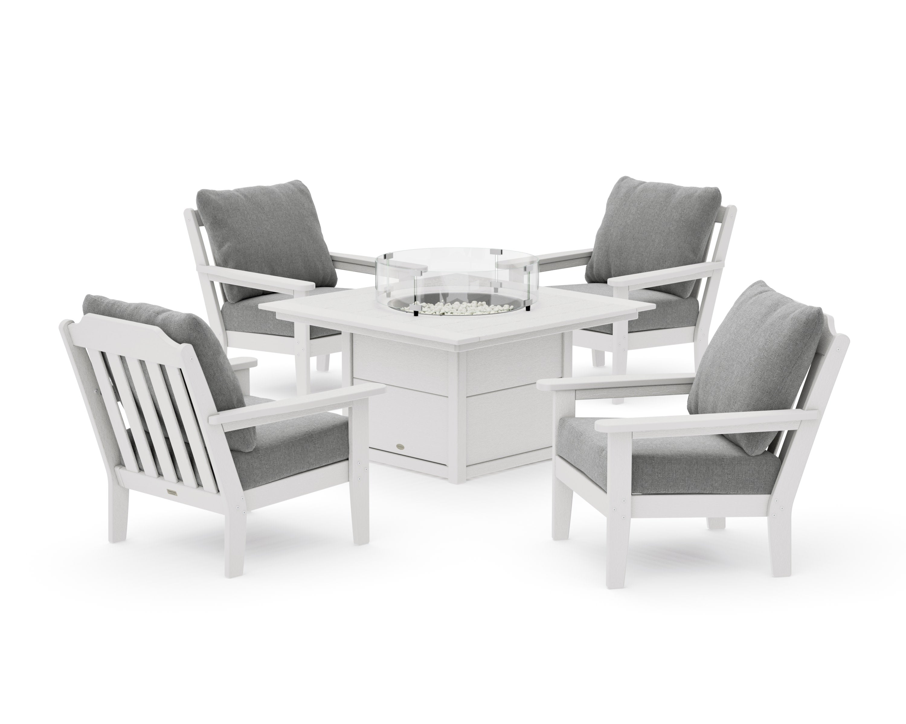 Cottage 5-Piece Deep Seating Set with Fire Pit Table in Vintage White / Grey Mist