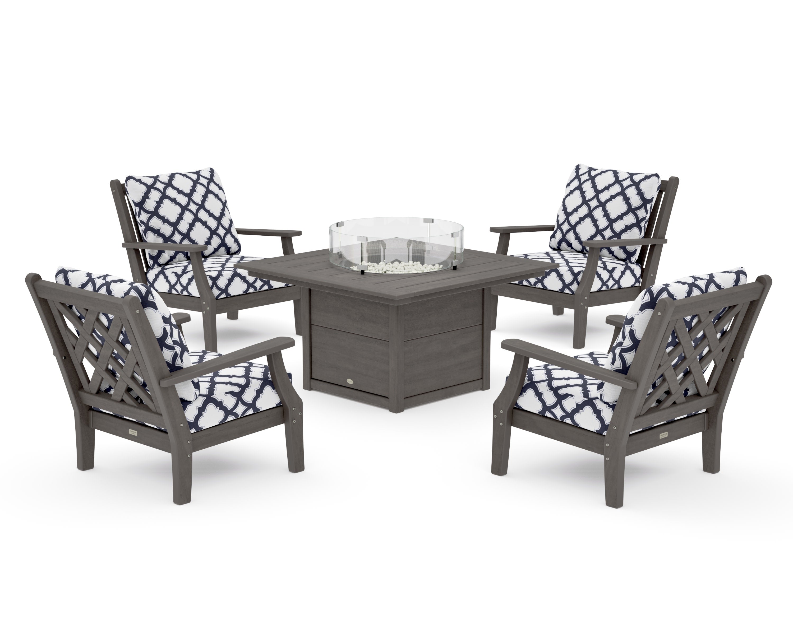 Wovendale 5-Piece Deep Seating Set with Fire Pit Table in Driftwood / Trellis Navy
