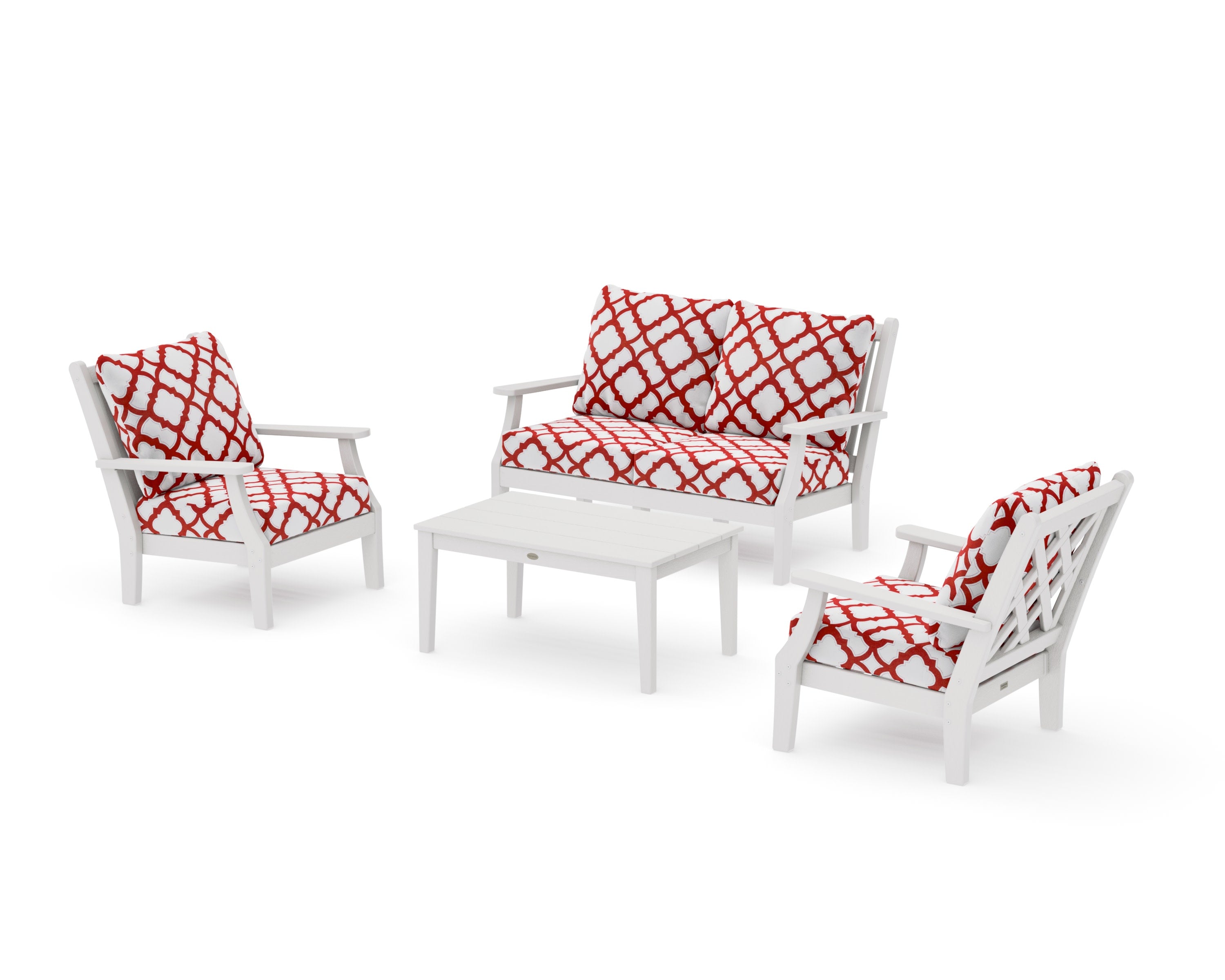 Wovendale 4-Piece Deep Seating Set with Loveseat in Vintage White / Trellis Crimson