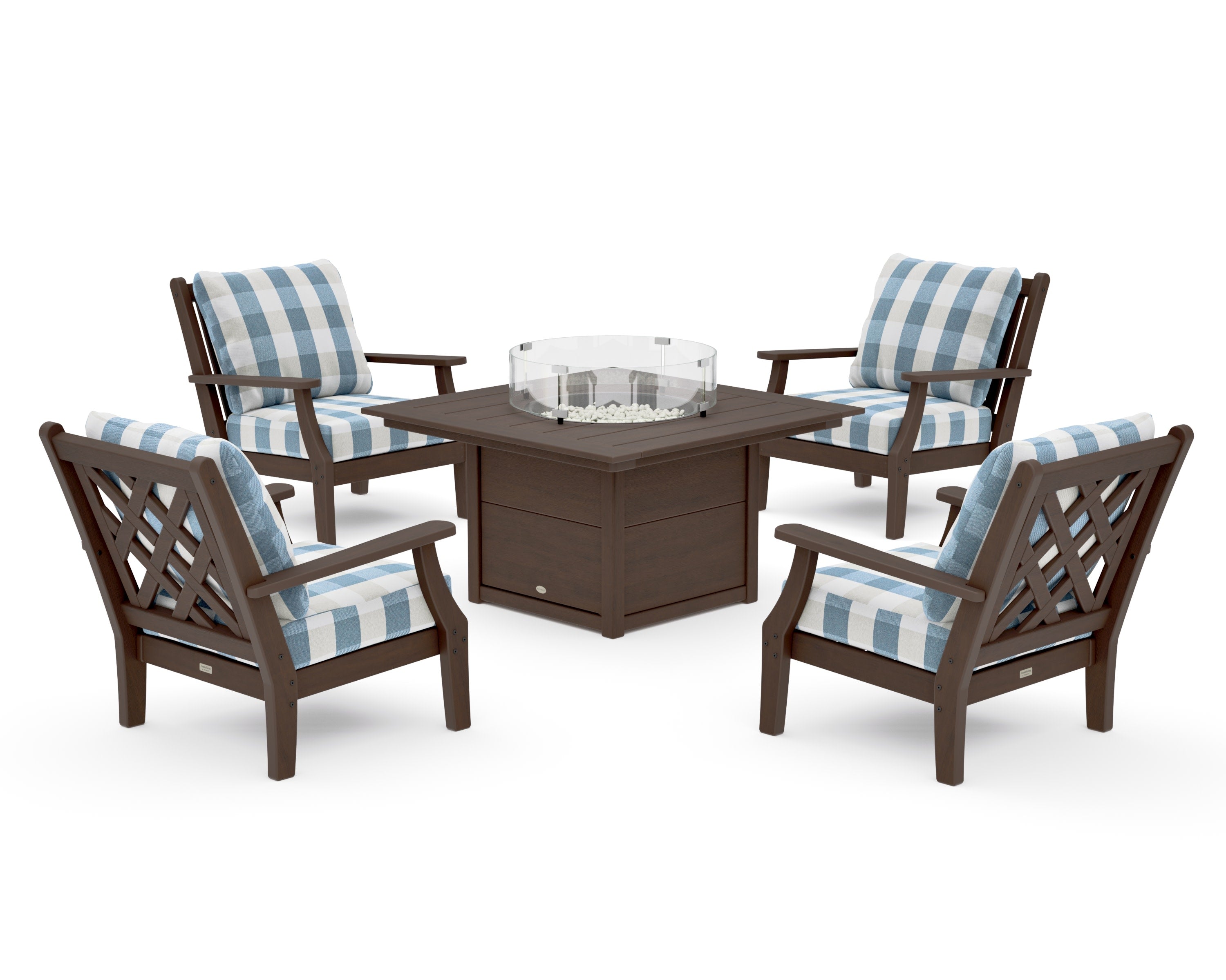 Wovendale 5-Piece Deep Seating Set with Fire Pit Table in Kona / Buffalo Plaid Sky Blue