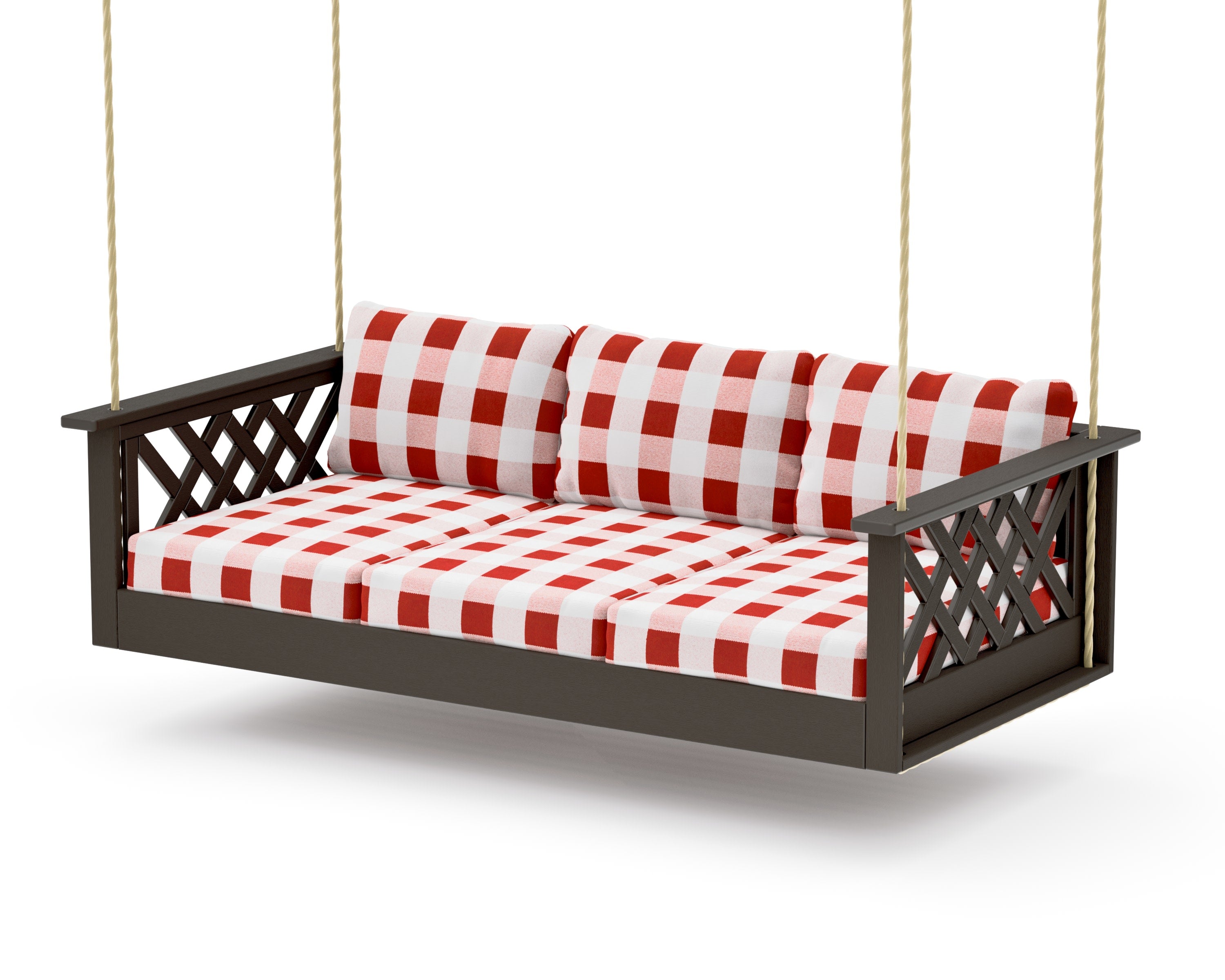 Wovendale Daybed Swing in Vintage Coffee / Buffalo Plaid Crimson