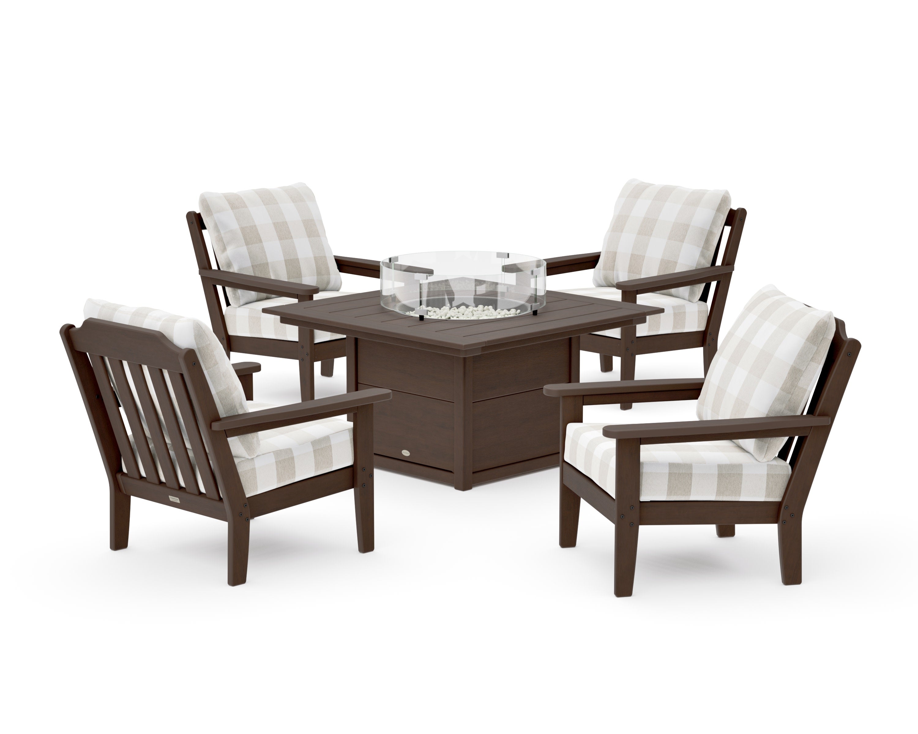Cottage 5-Piece Deep Seating Set with Fire Pit Table in Kona / Buffalo Plaid Dune Burlap