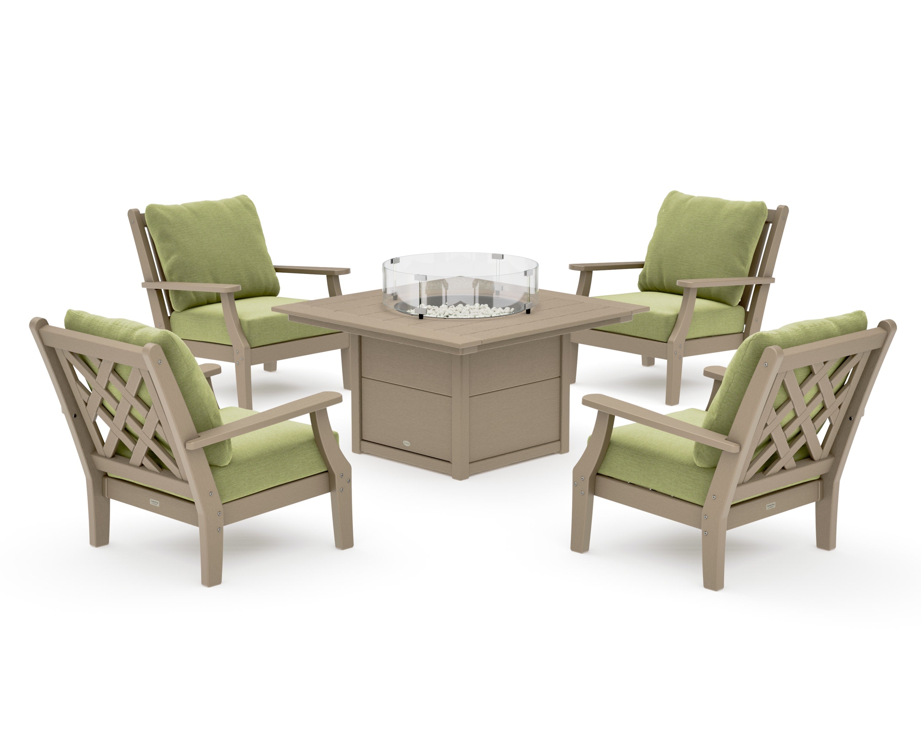 Wovendale 5-Piece Deep Seating Set with Fire Pit Table in Vintage Sahara / Chartreuse Boucle