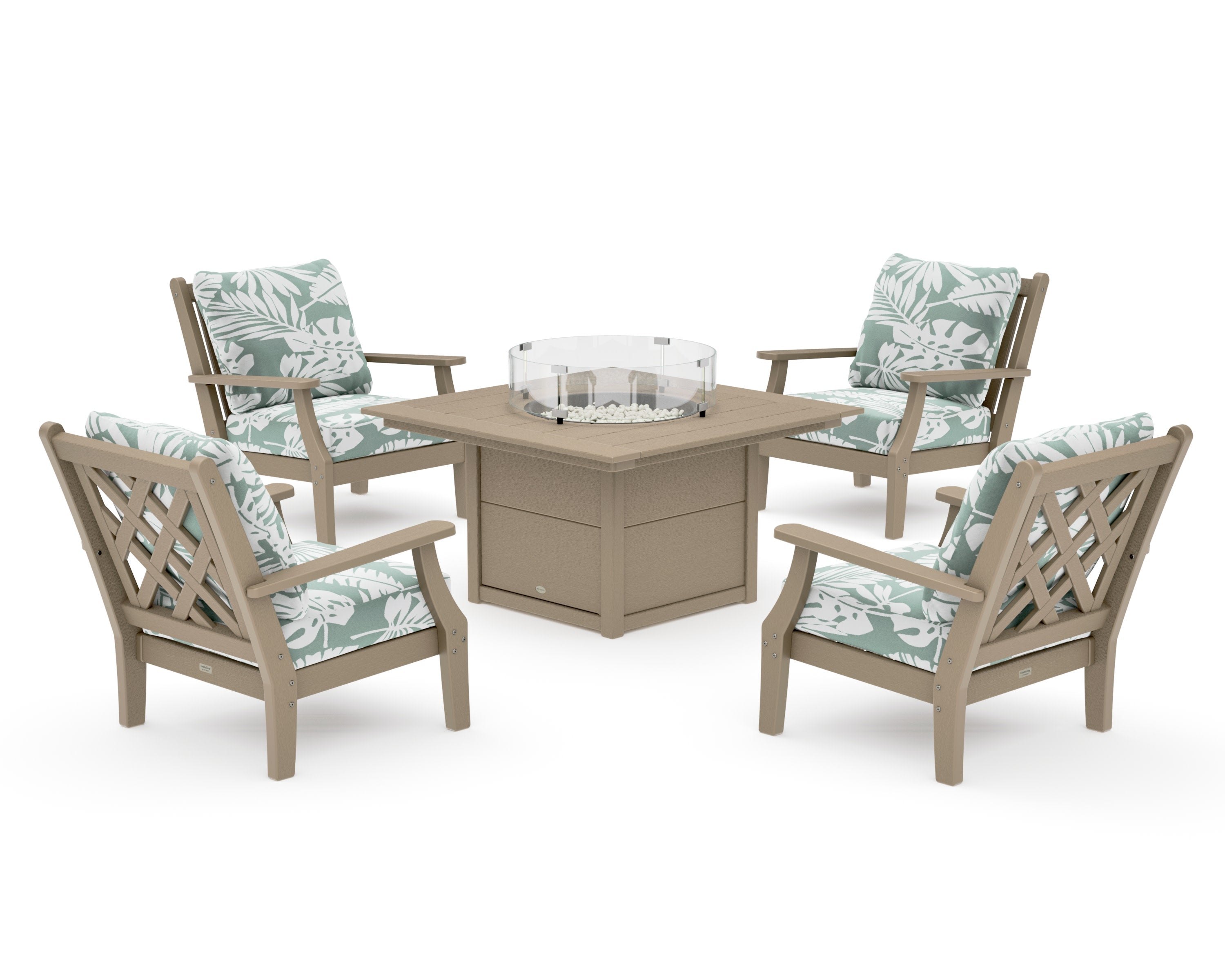 Wovendale 5-Piece Deep Seating Set with Fire Pit Table in Vintage Sahara / Leaf Glacier Spa