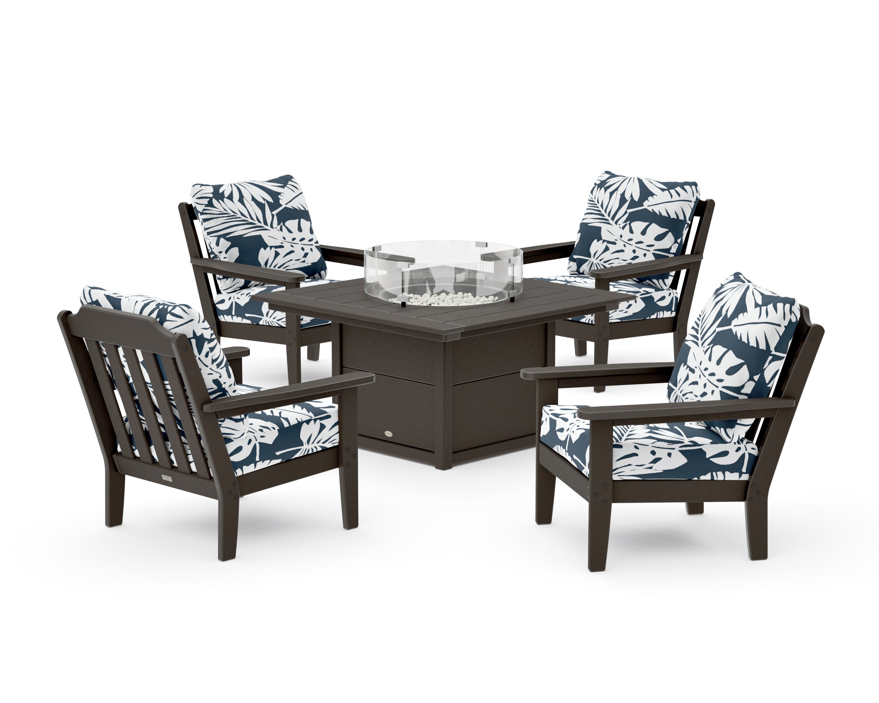 Cottage 5-Piece Deep Seating Set with Fire Pit Table in Vintage Coffee / Leaf Marine Indigo