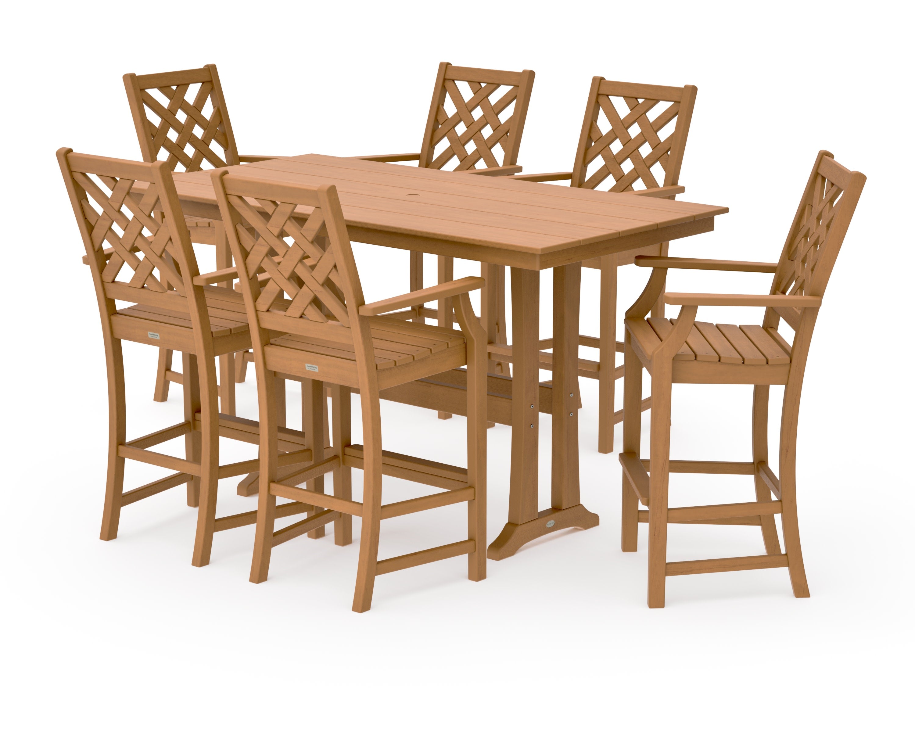 Wovendale Arm Chair 7-Piece Farmhouse Bar Set with Trestle Legs in Natural