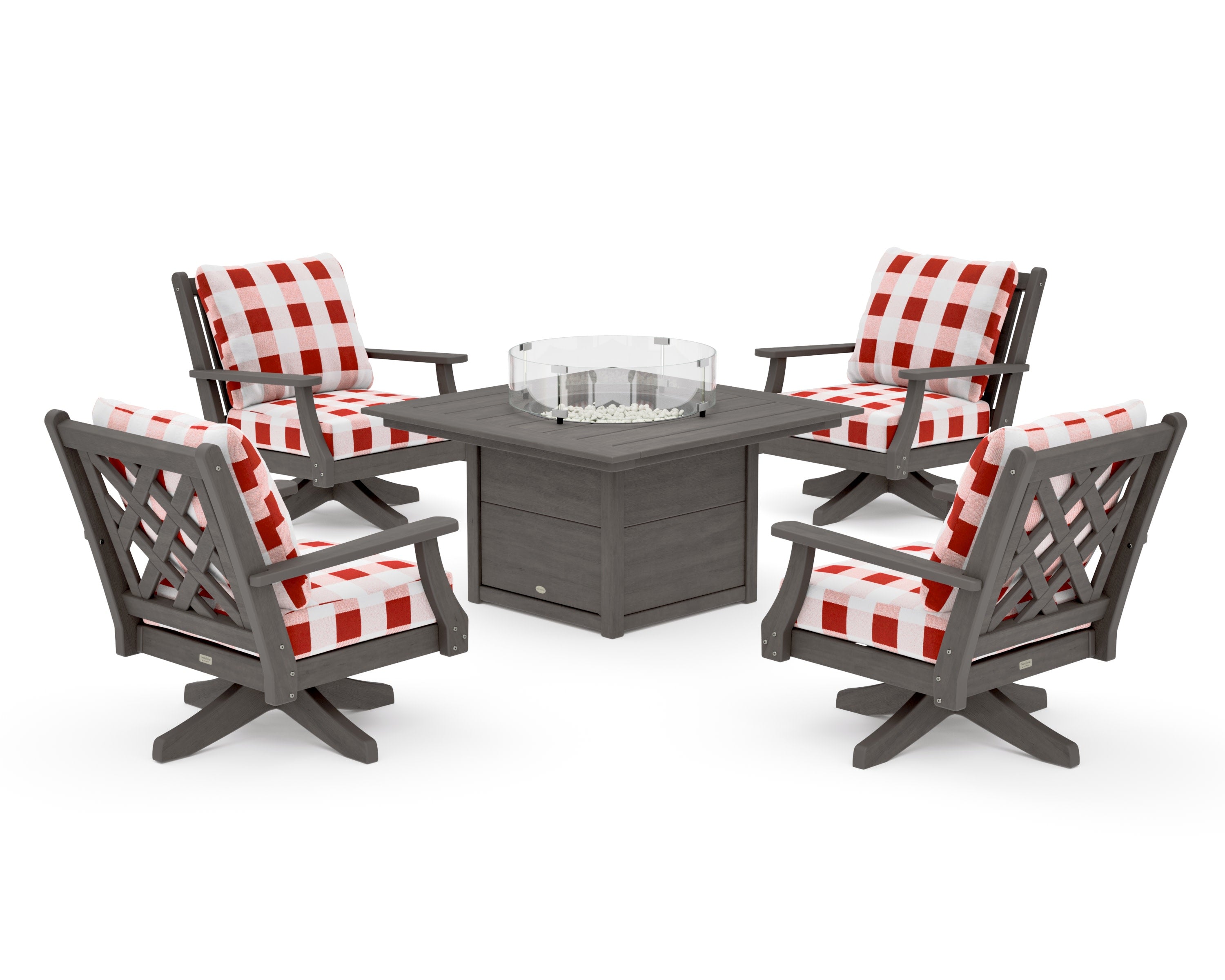 Wovendale 5-Piece Deep Seating Swivel Conversation Set with Fire Pit Table in Driftwood / Buffalo Plaid Crimson