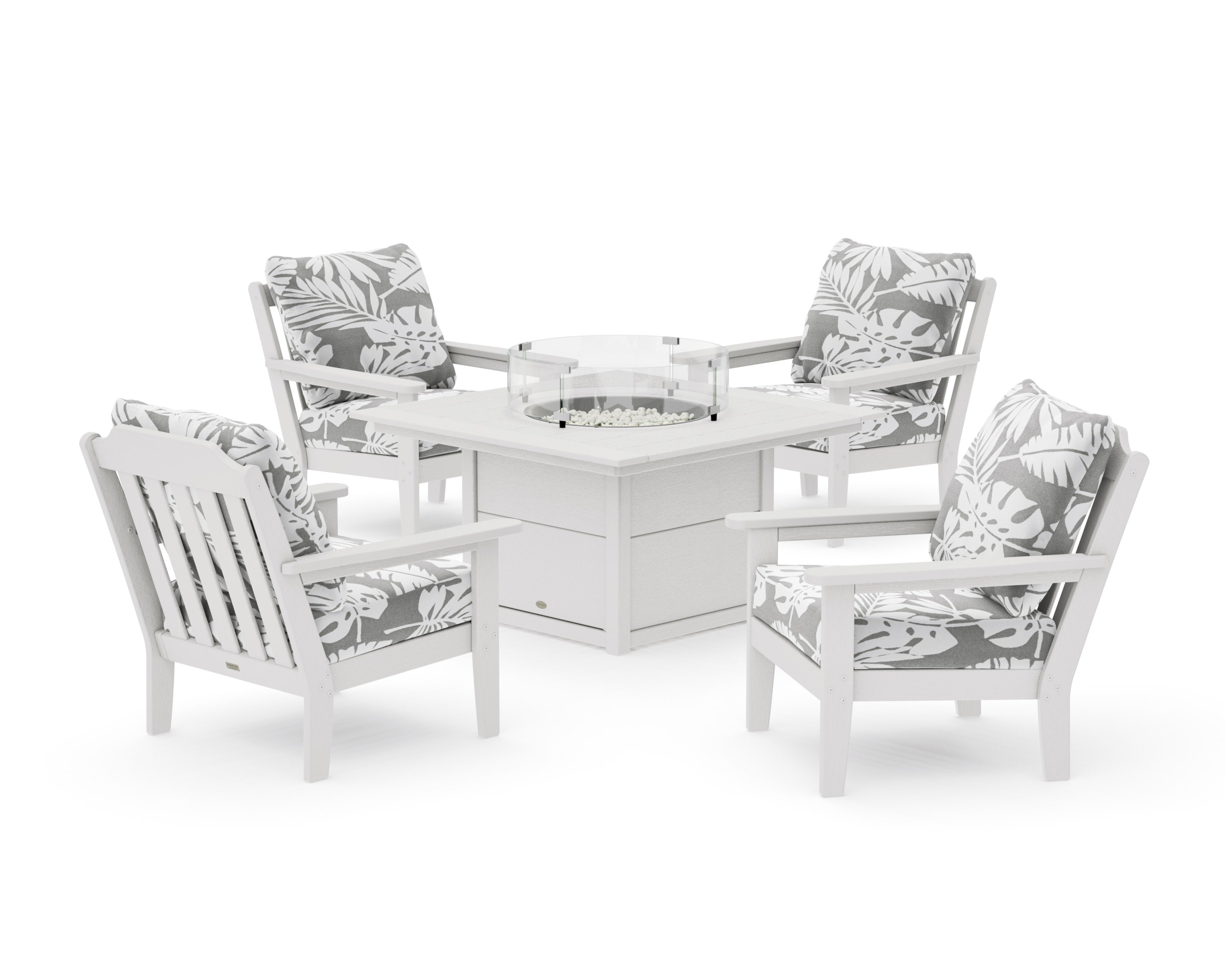 Cottage 5-Piece Deep Seating Set with Fire Pit Table in Vintage White / Leaf Grey Mist