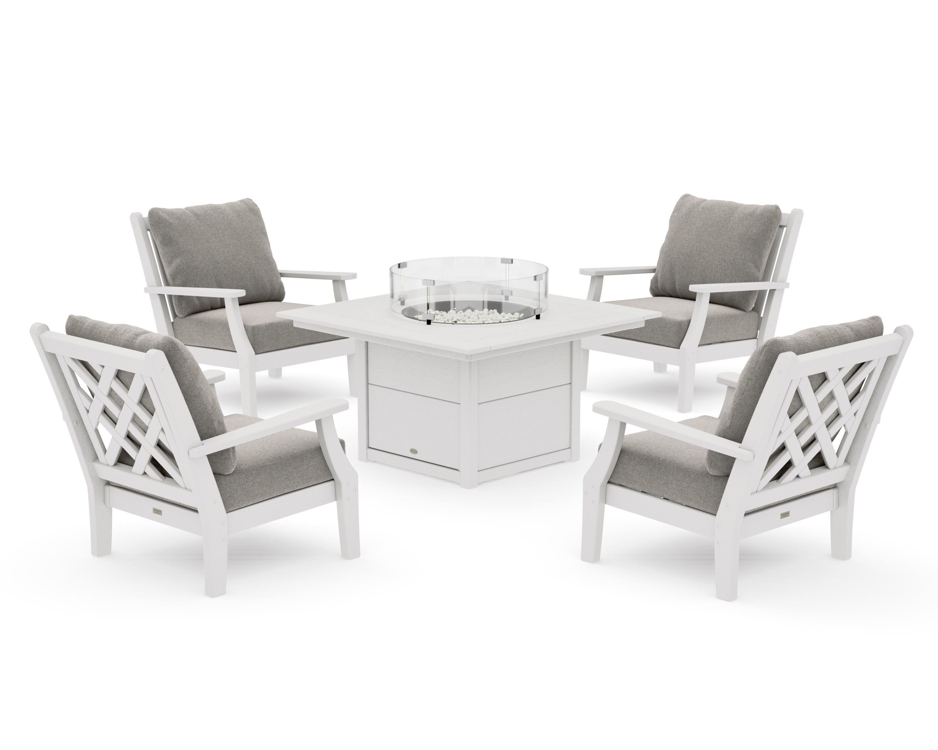 Wovendale 5-Piece Deep Seating Set with Fire Pit Table in Vintage White / Weathered Tweed