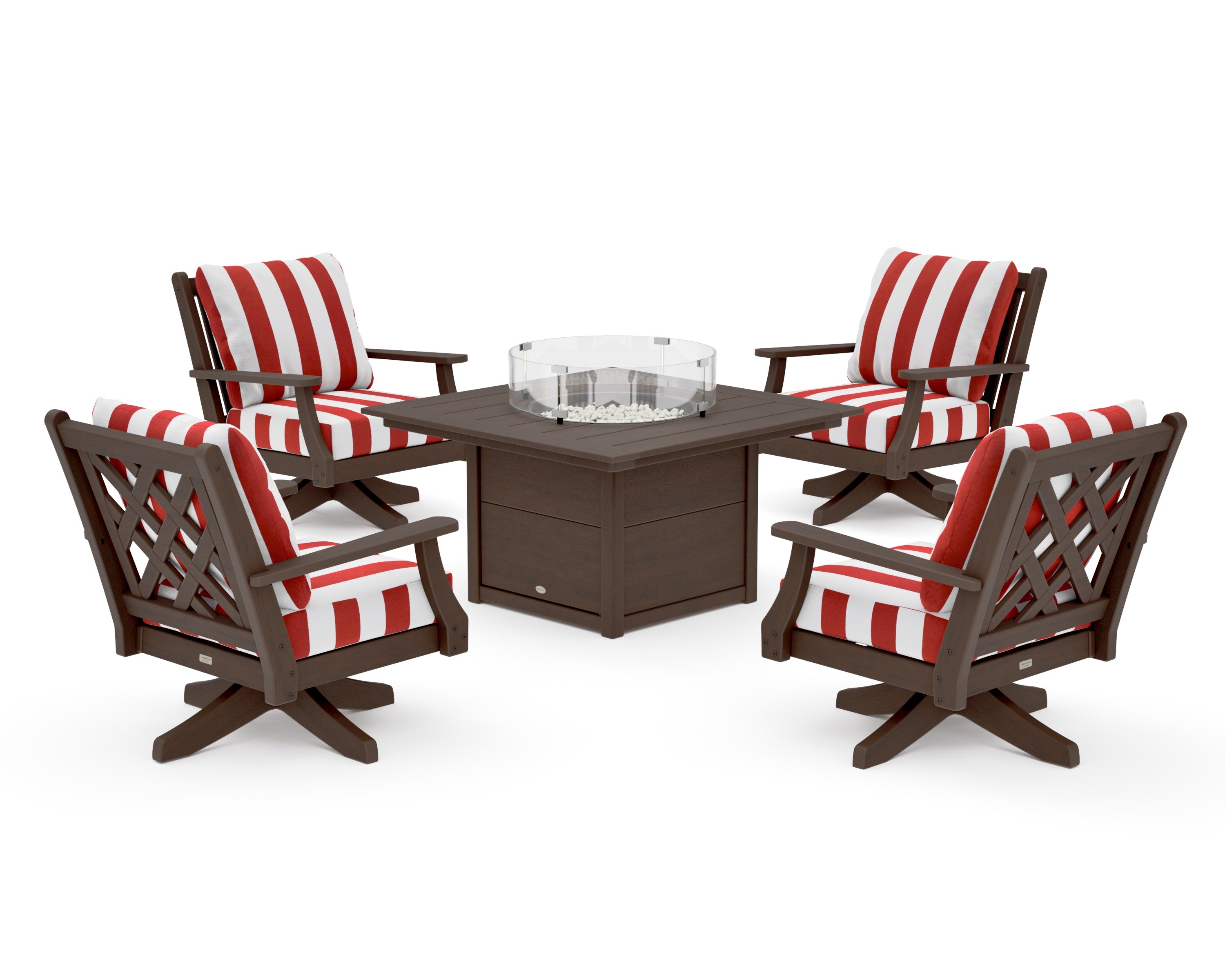 Wovendale 5-Piece Deep Seating Swivel Conversation Set with Fire Pit Table in Kona / Cabana Stripe Crimson