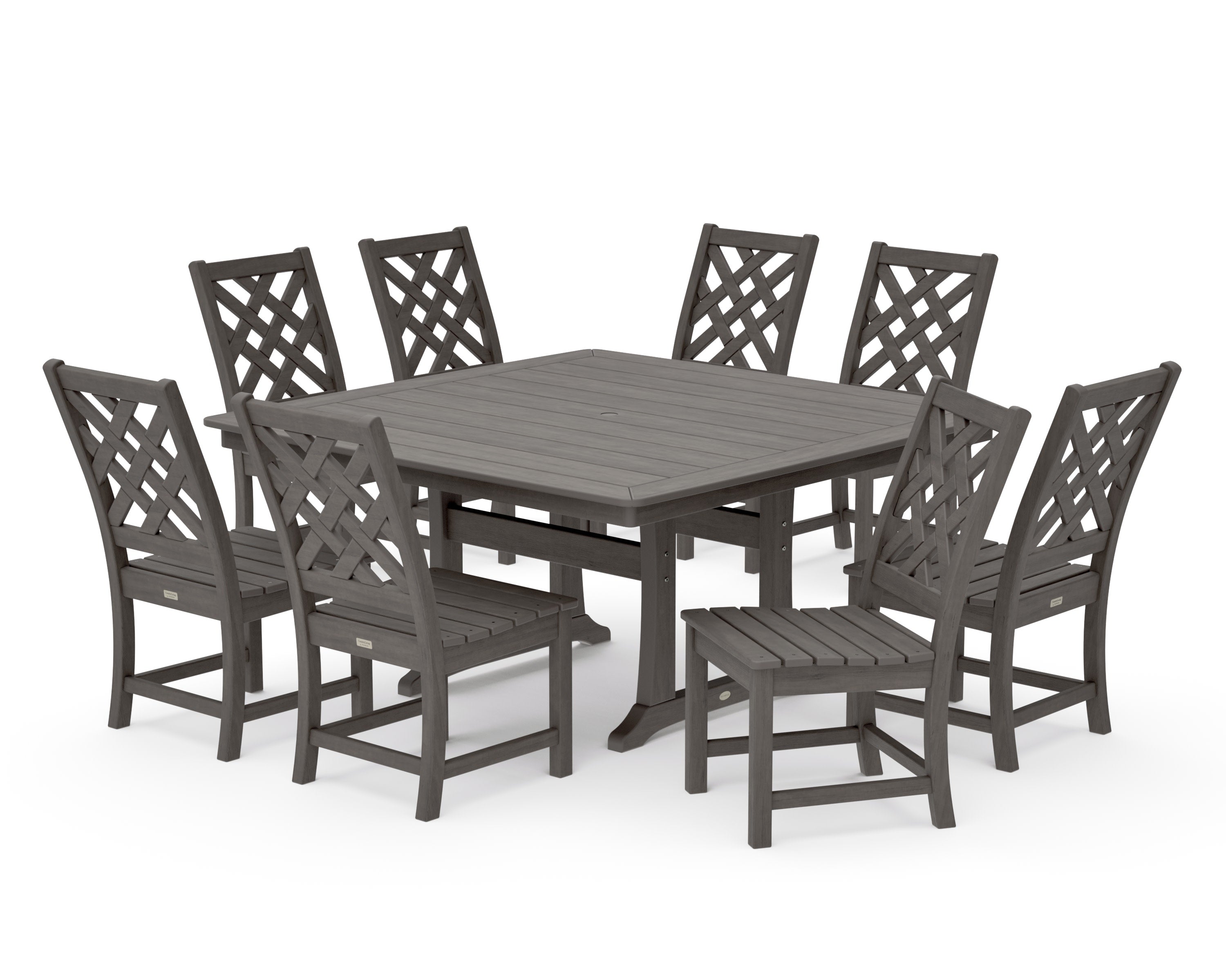 Wovendale Side Chair 9-Piece Square Dining Set with Trestle Legs in Driftwood