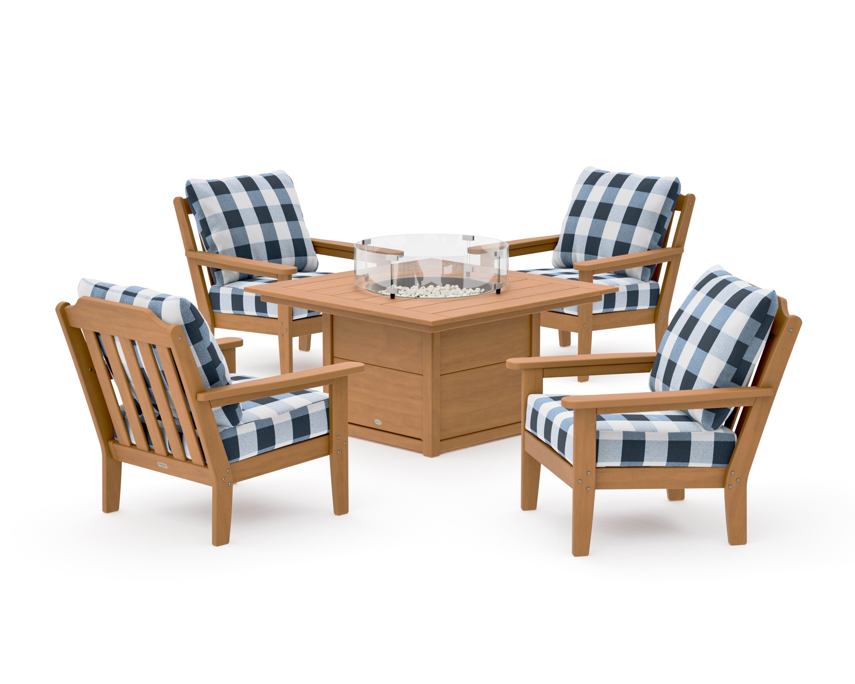 Cottage 5-Piece Deep Seating Set with Fire Pit Table in Natural / Buffalo Plaid Marine Indigo