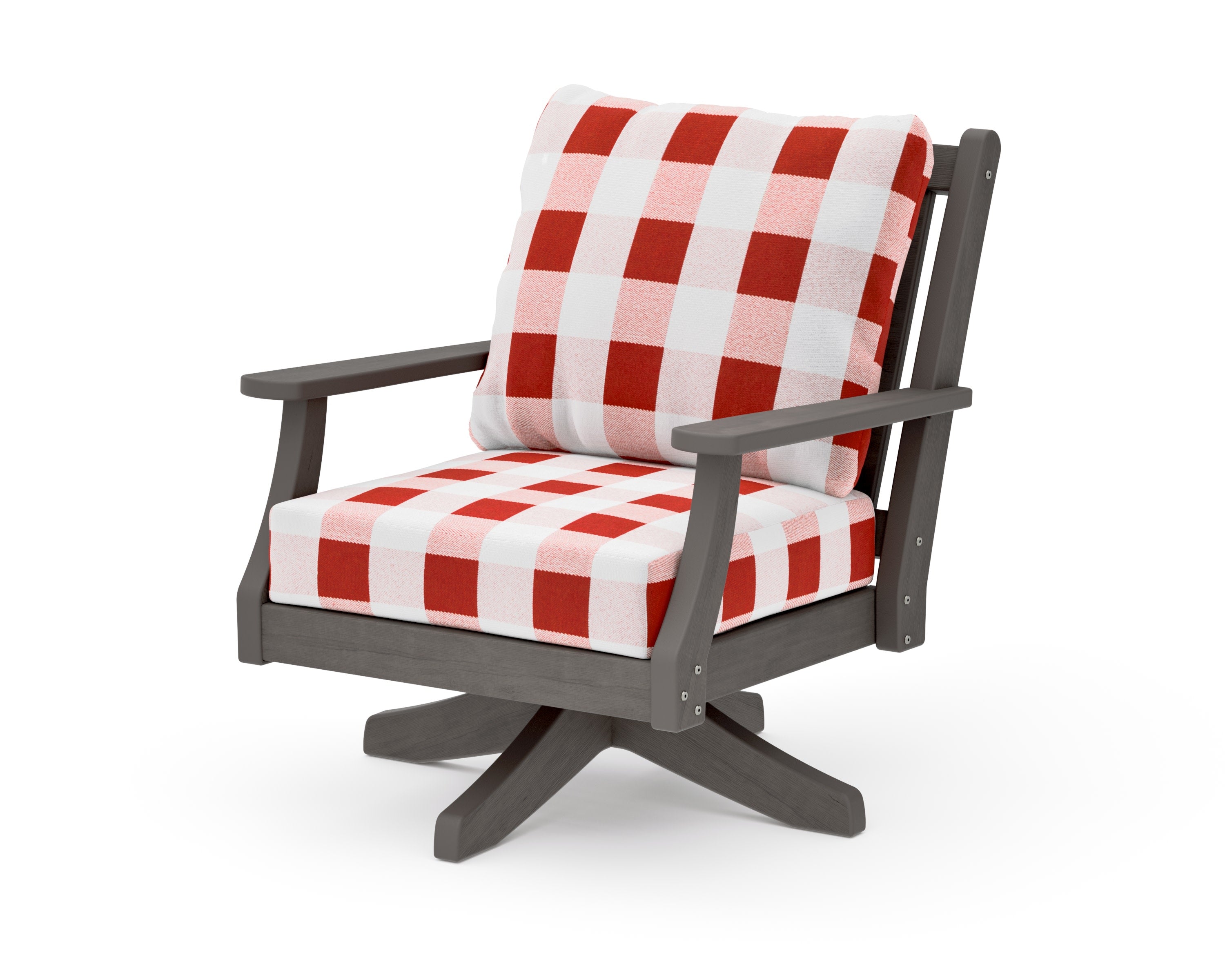 Wovendale Deep Seating Swivel Chair in Driftwood / Buffalo Plaid Crimson
