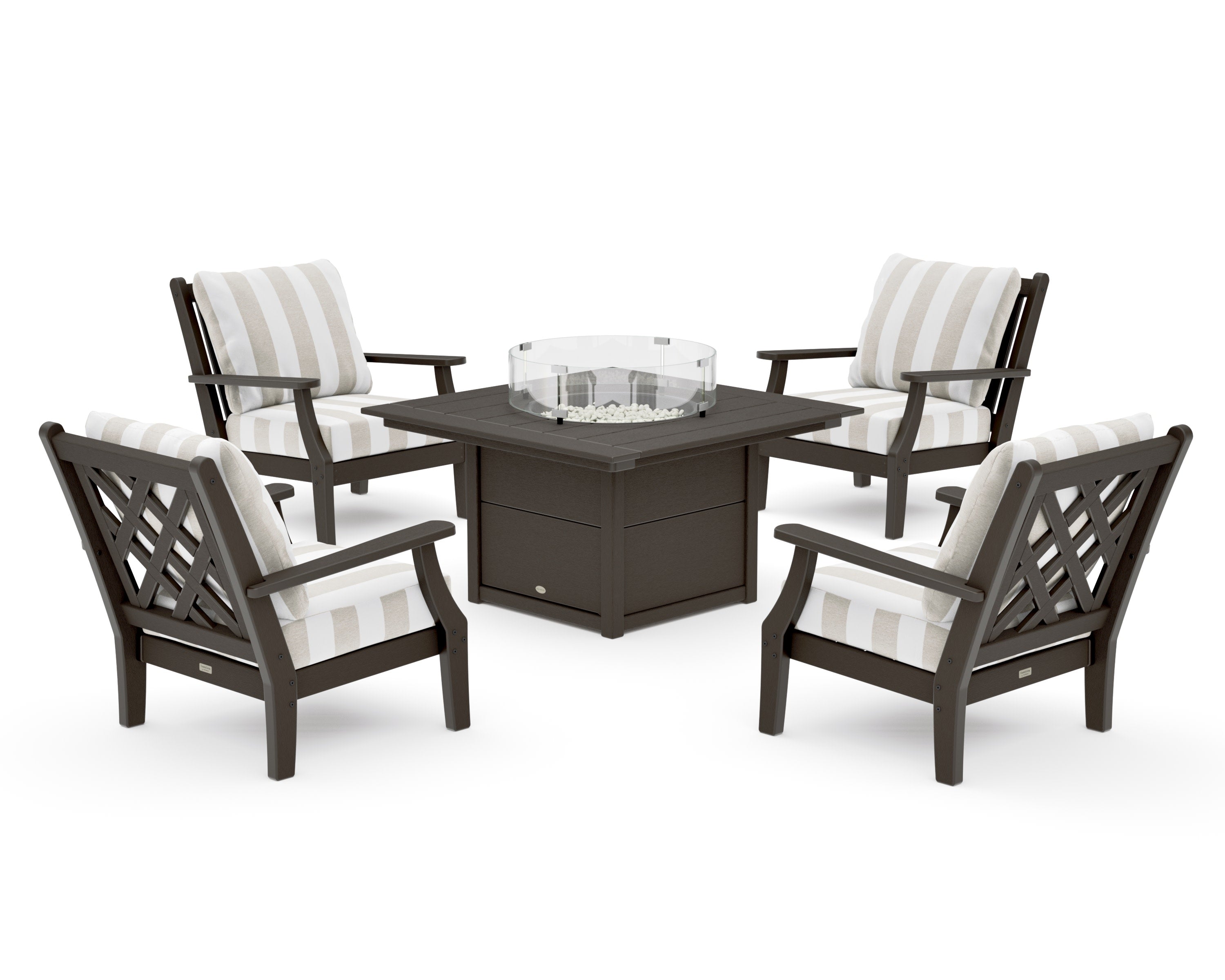 Wovendale 5-Piece Deep Seating Set with Fire Pit Table in Vintage Coffee / Cabana Stripe Dune Burlap