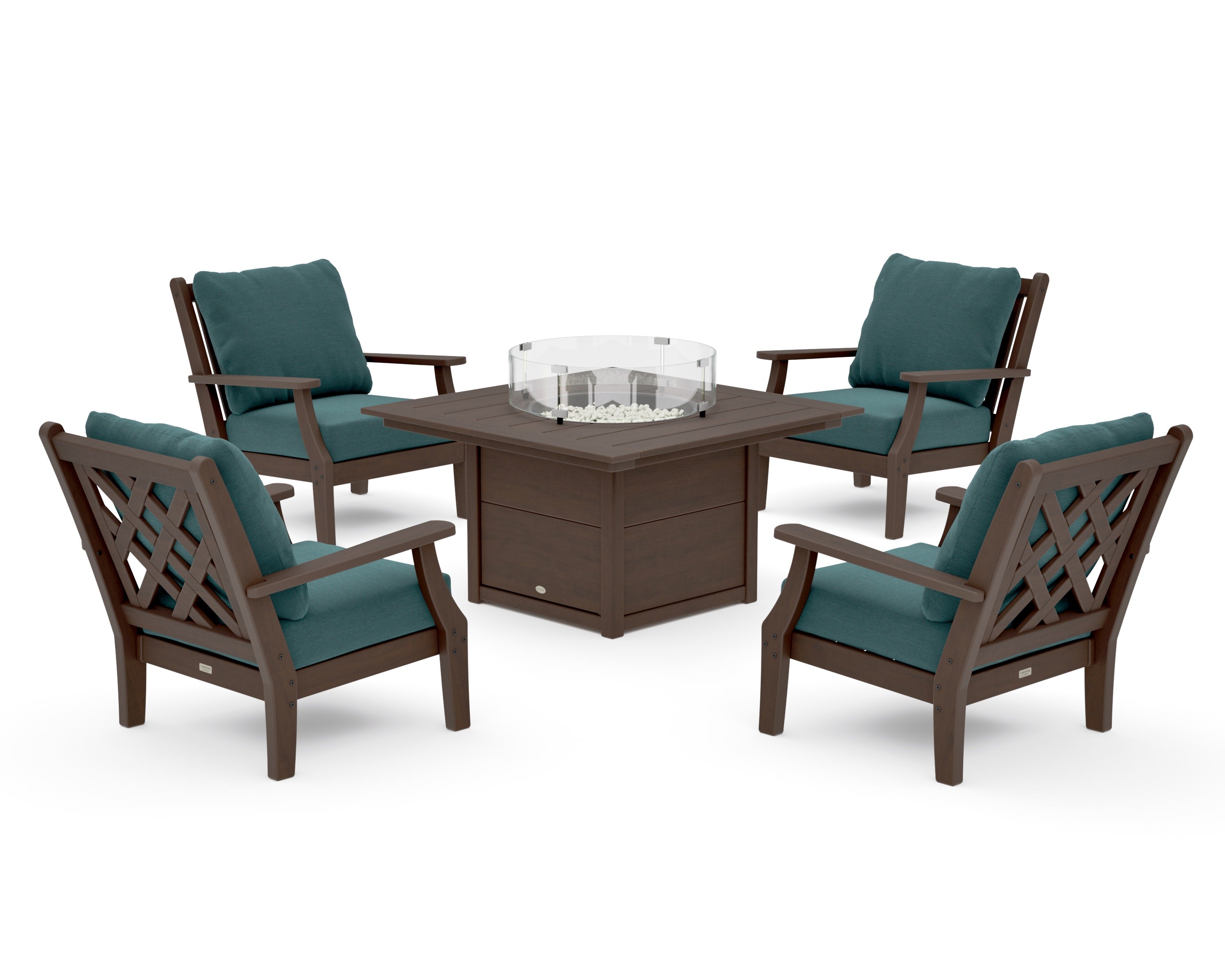 Wovendale 5-Piece Deep Seating Set with Fire Pit Table in Kona / Ocean Teal
