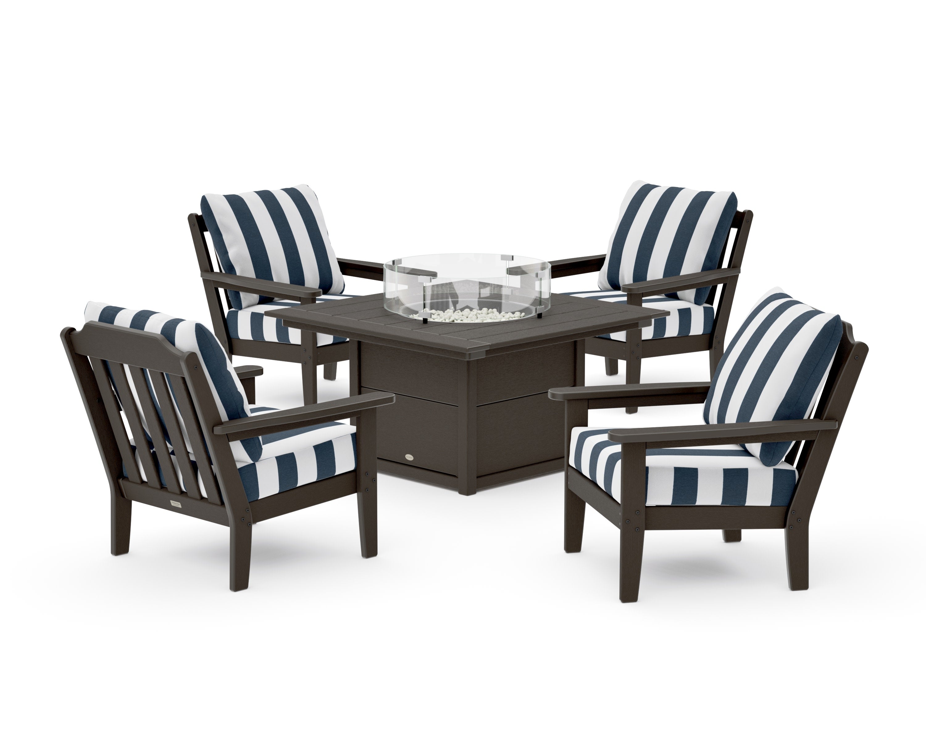 Cottage 5-Piece Deep Seating Set with Fire Pit Table in Vintage Coffee / Cabana Stripe Marine Indigo