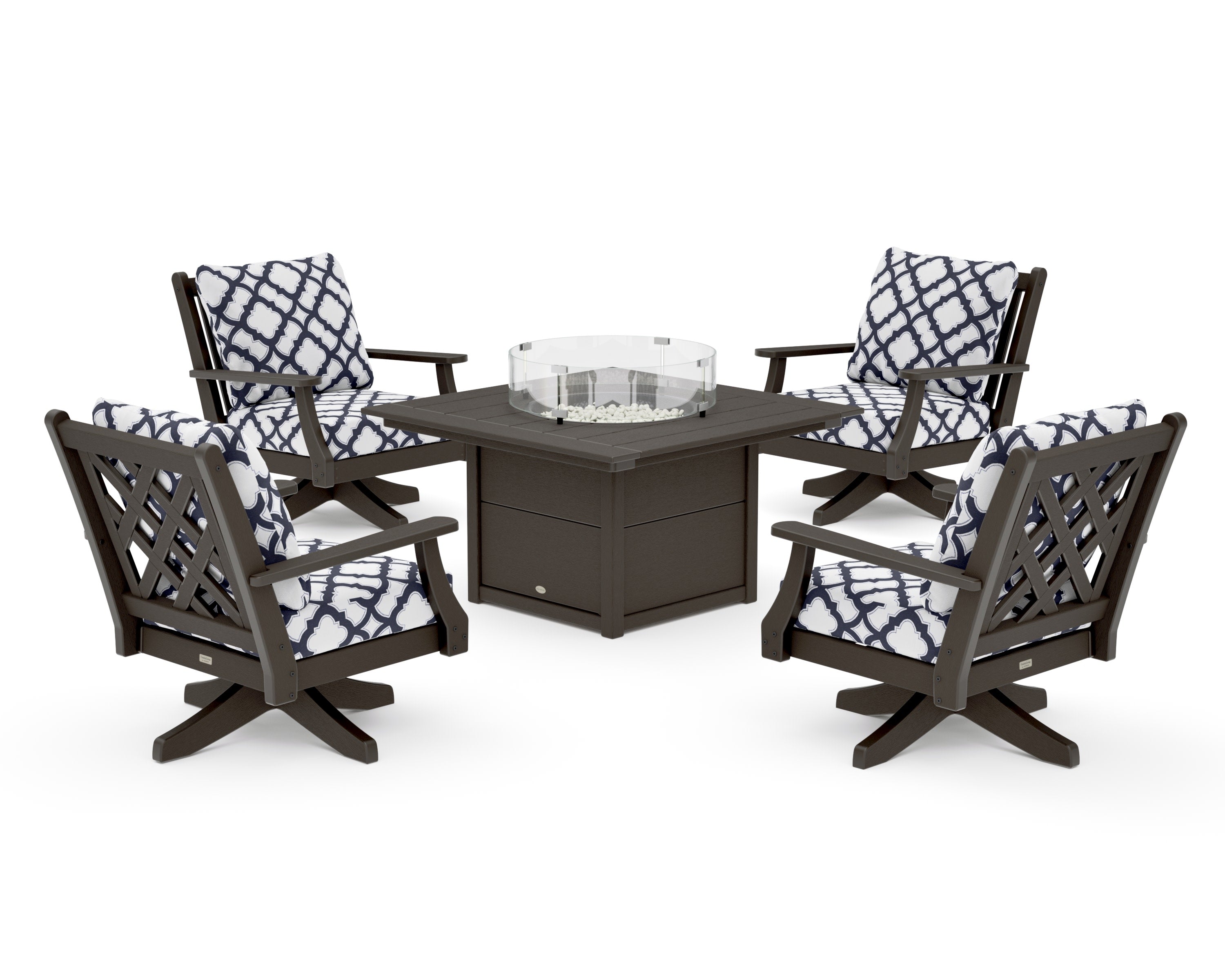 Wovendale 5-Piece Deep Seating Swivel Conversation Set with Fire Pit Table in Vintage Coffee / Trellis Navy