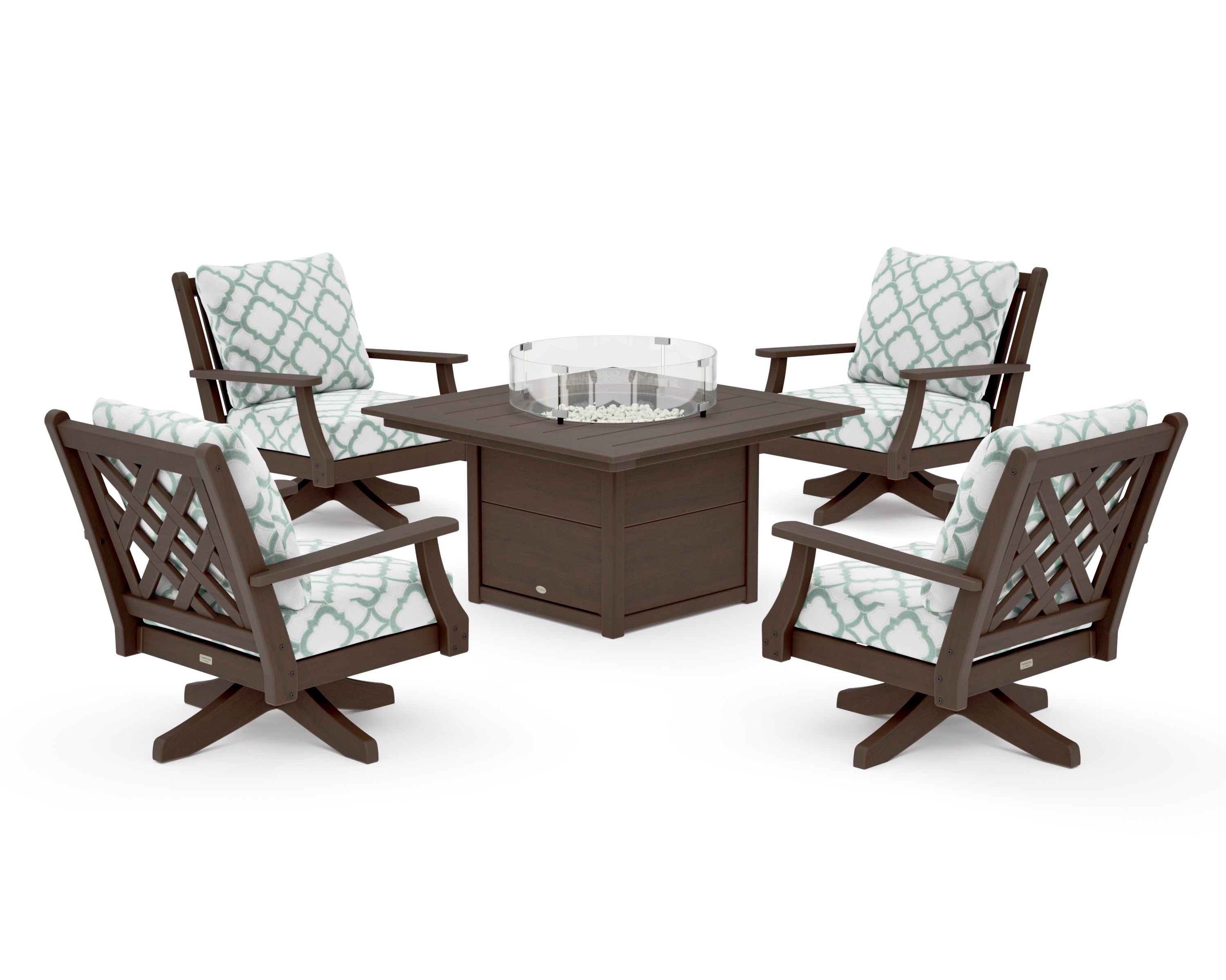 Wovendale 5-Piece Deep Seating Swivel Conversation Set with Fire Pit Table in Kona / Trellis Glacier Spa