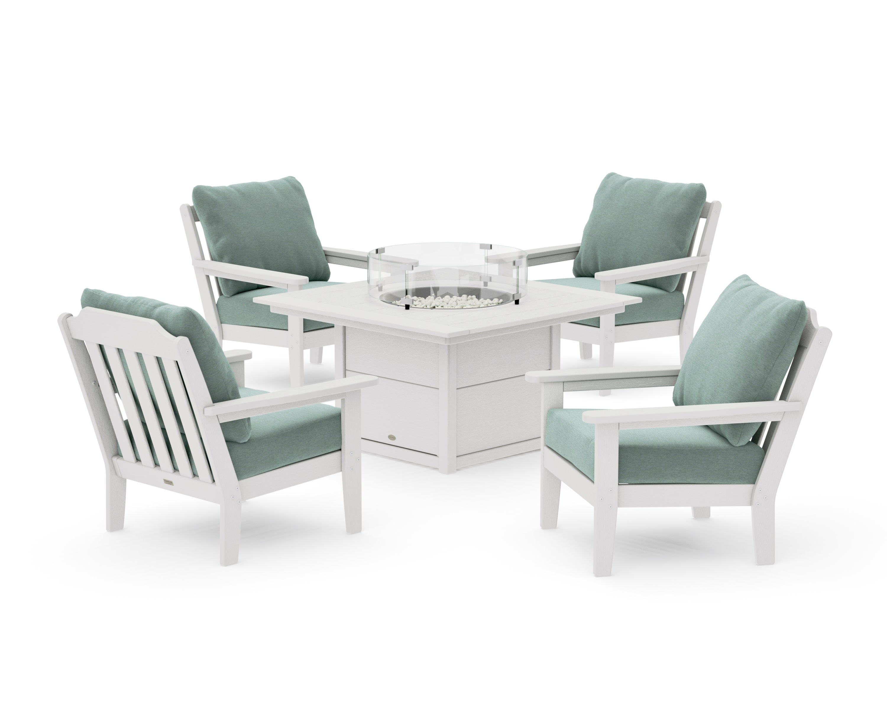 Cottage 5-Piece Deep Seating Set with Fire Pit Table in Vintage White / Glacier Spa