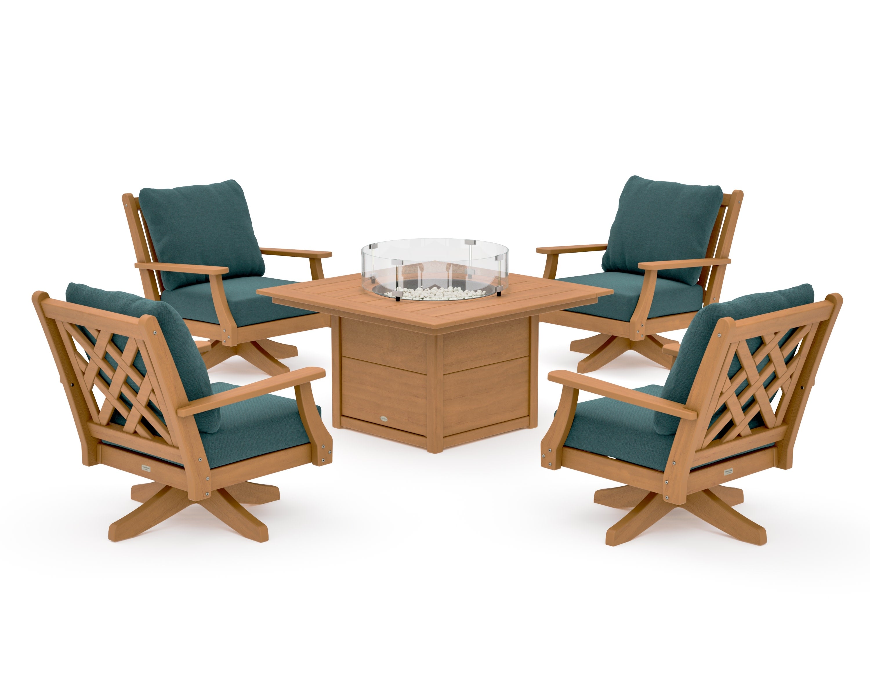 Wovendale 5-Piece Deep Seating Swivel Conversation Set with Fire Pit Table in Natural / Ocean Teal