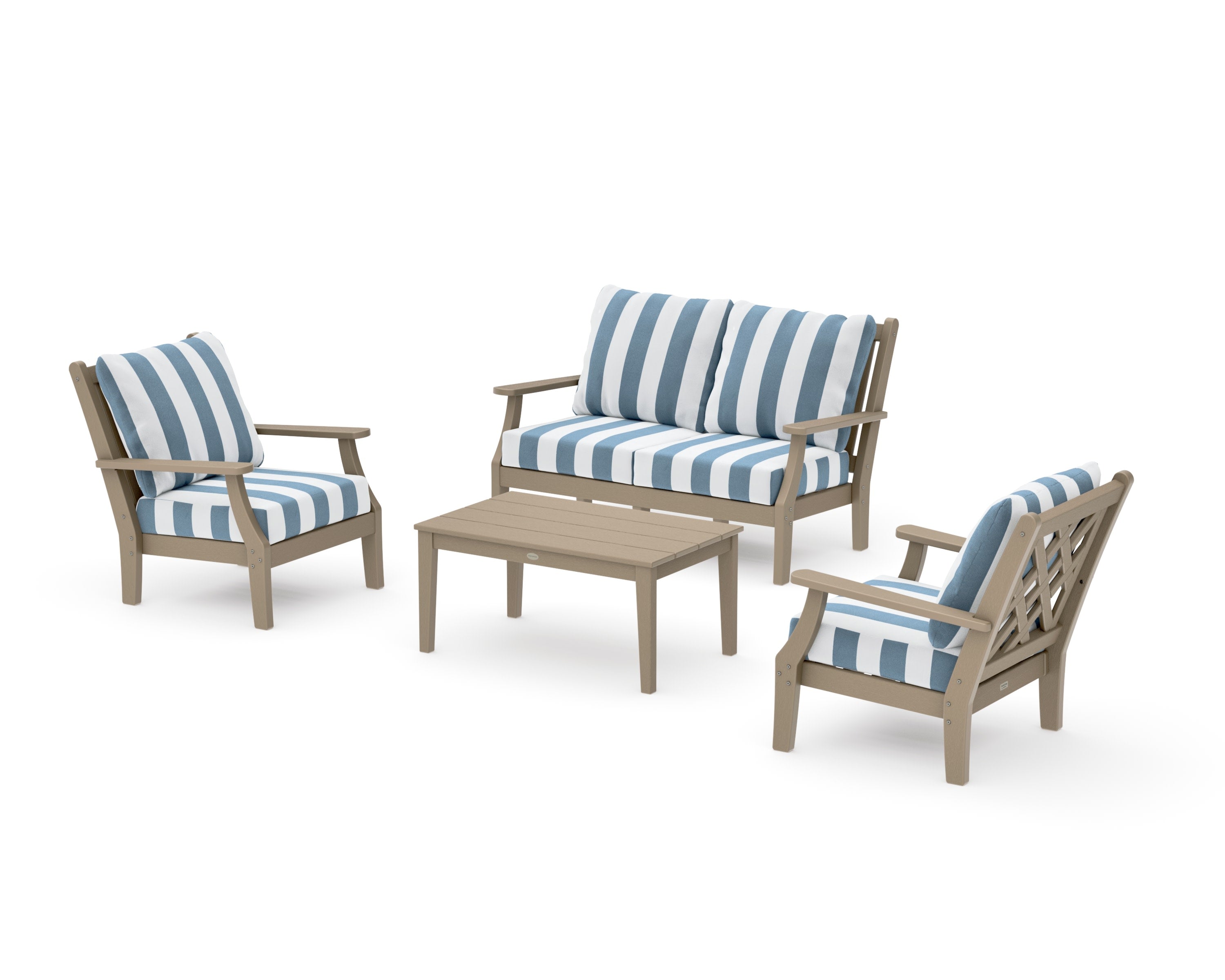 Wovendale 4-Piece Deep Seating Set with Loveseat in Vintage Sahara / Cabana Stripe Sky Blue