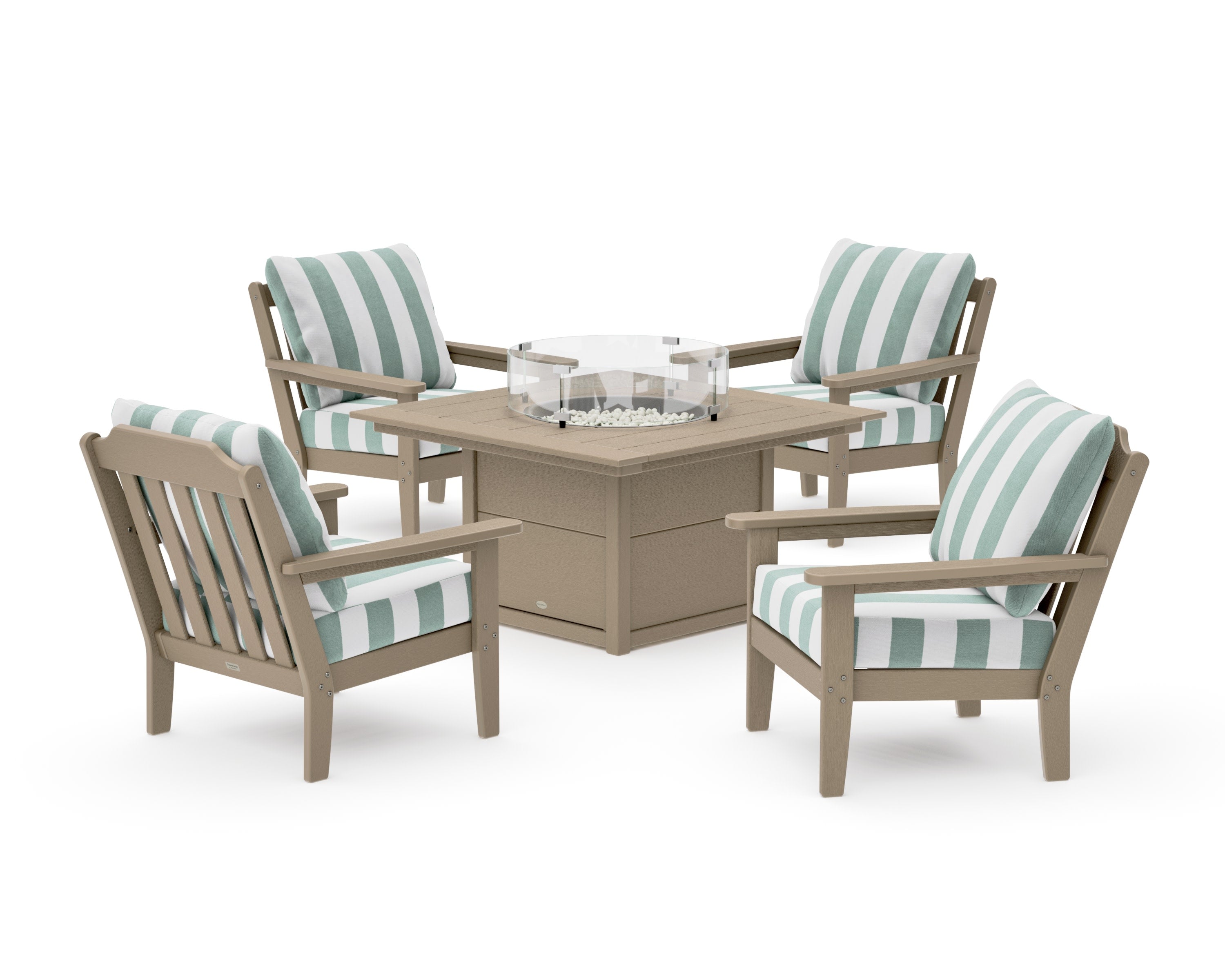 Cottage 5-Piece Deep Seating Set with Fire Pit Table in Vintage Sahara / Cabana Stripe Glacier Spa