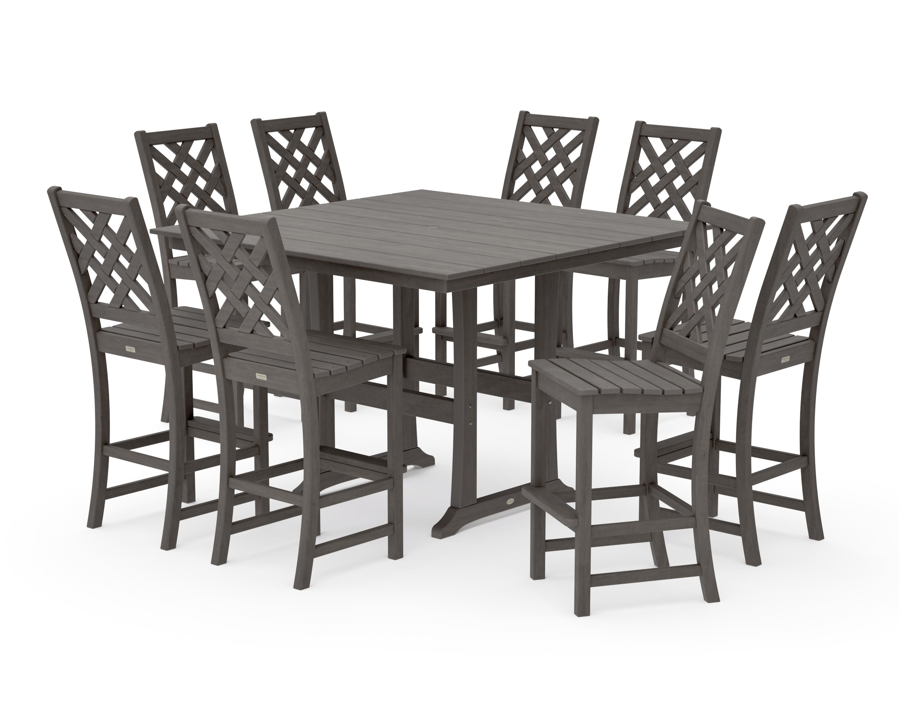 Wovendale Side Chair 9-Piece Square Farmhouse Bar Set with Trestle Legs in Driftwood