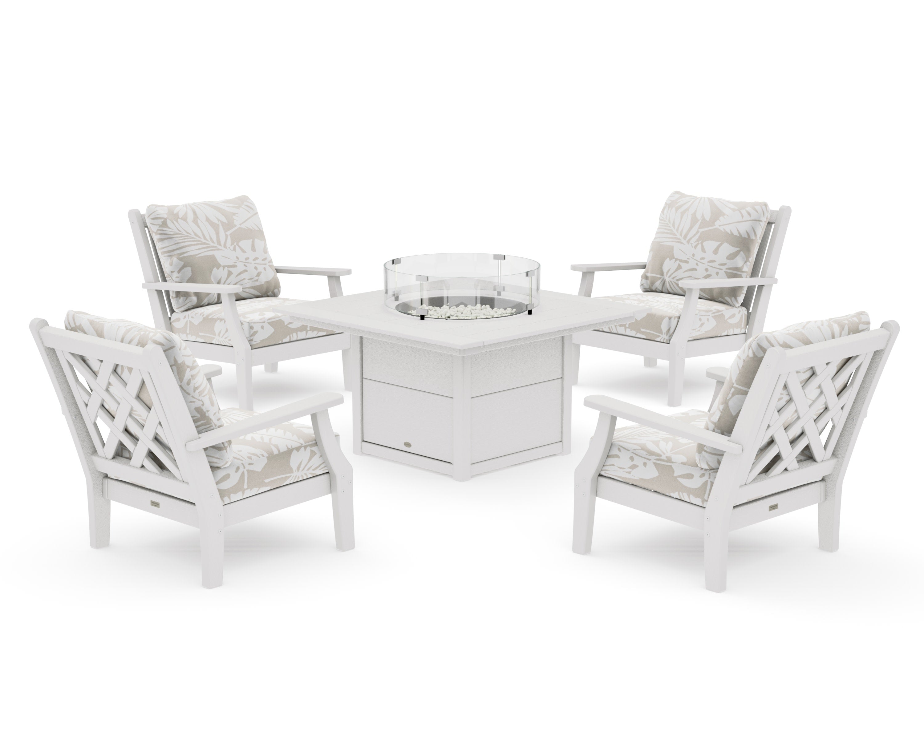 Wovendale 5-Piece Deep Seating Set with Fire Pit Table in Vintage White / Leaf Dune Burlap