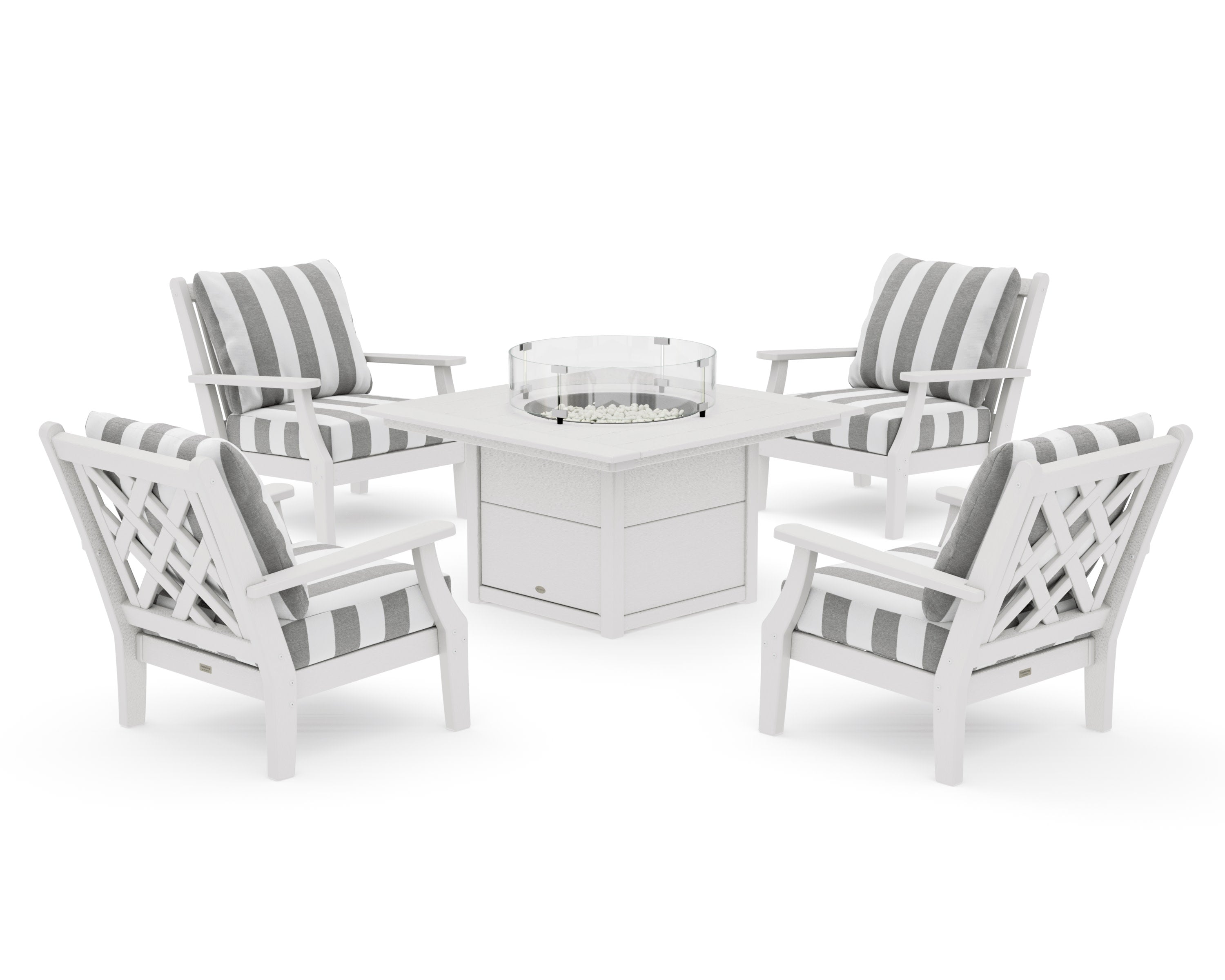 Wovendale 5-Piece Deep Seating Set with Fire Pit Table in Vintage White / Cabana Stripe Grey Mist