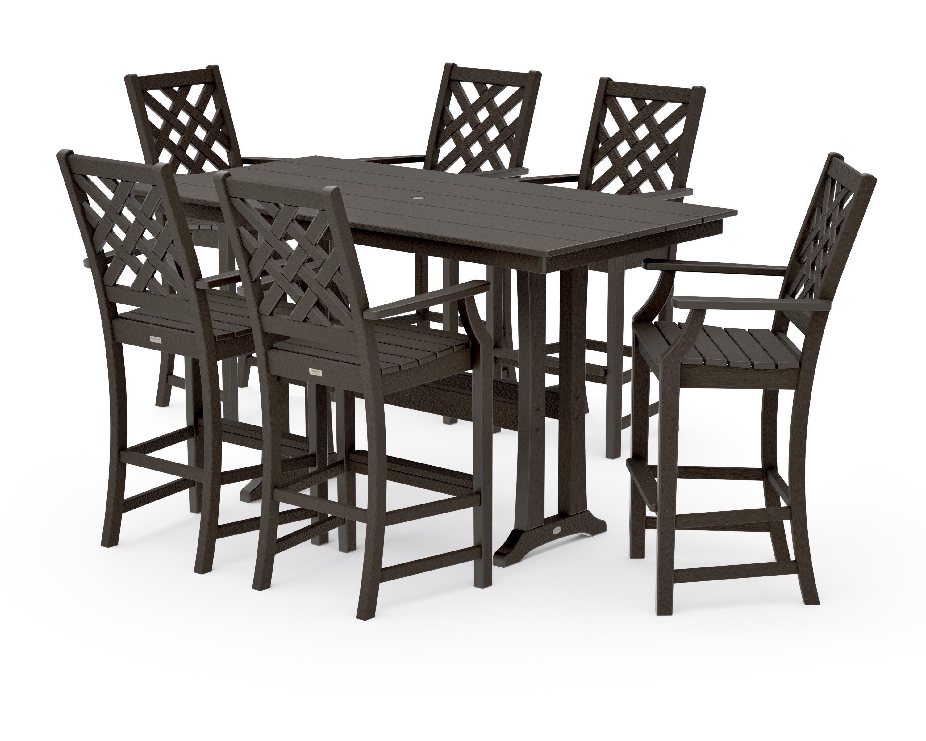 Wovendale Arm Chair 7-Piece Farmhouse Bar Set with Trestle Legs in Vintage Coffee