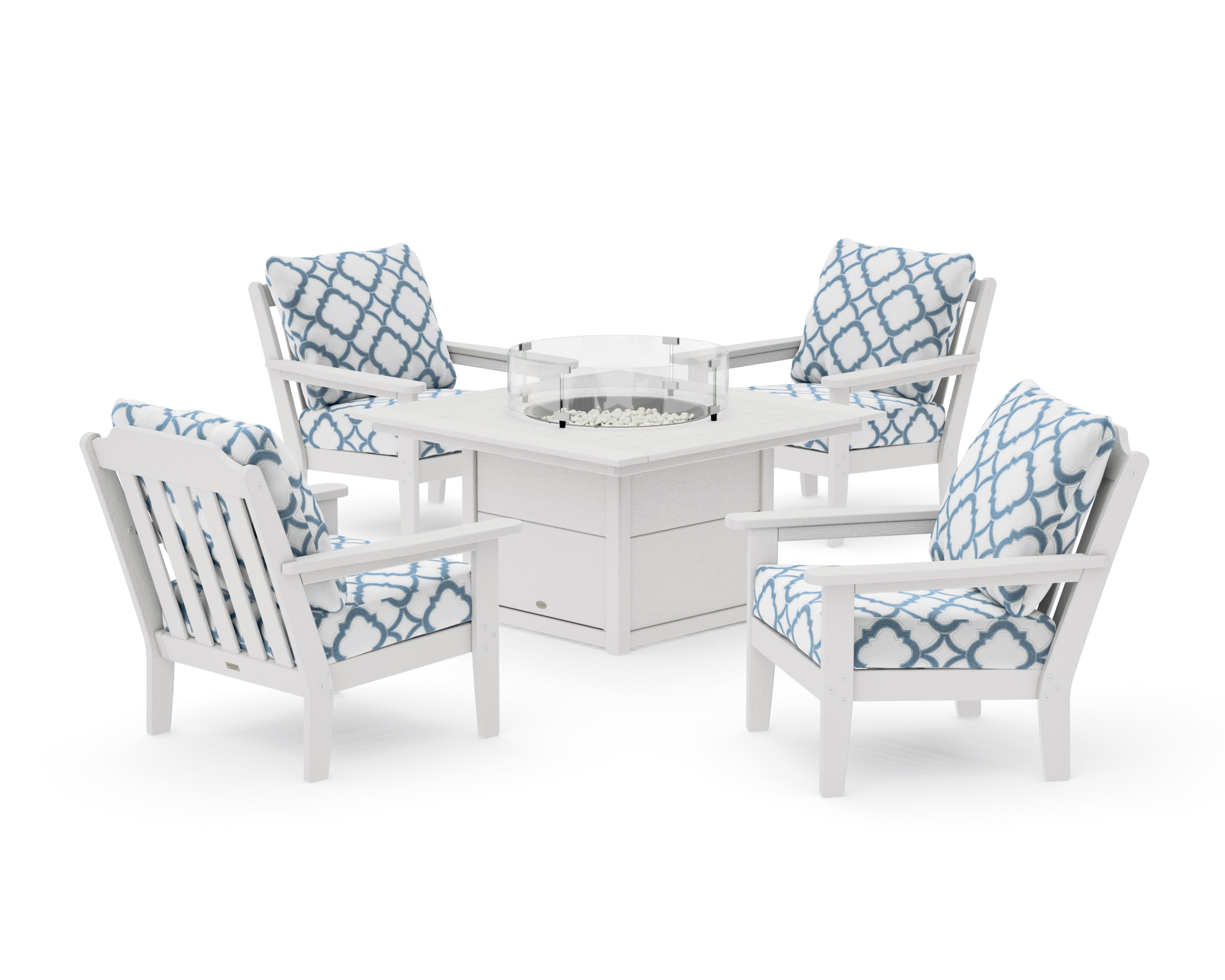 Cottage 5-Piece Deep Seating Set with Fire Pit Table in Vintage White / Trellis Sky Blue