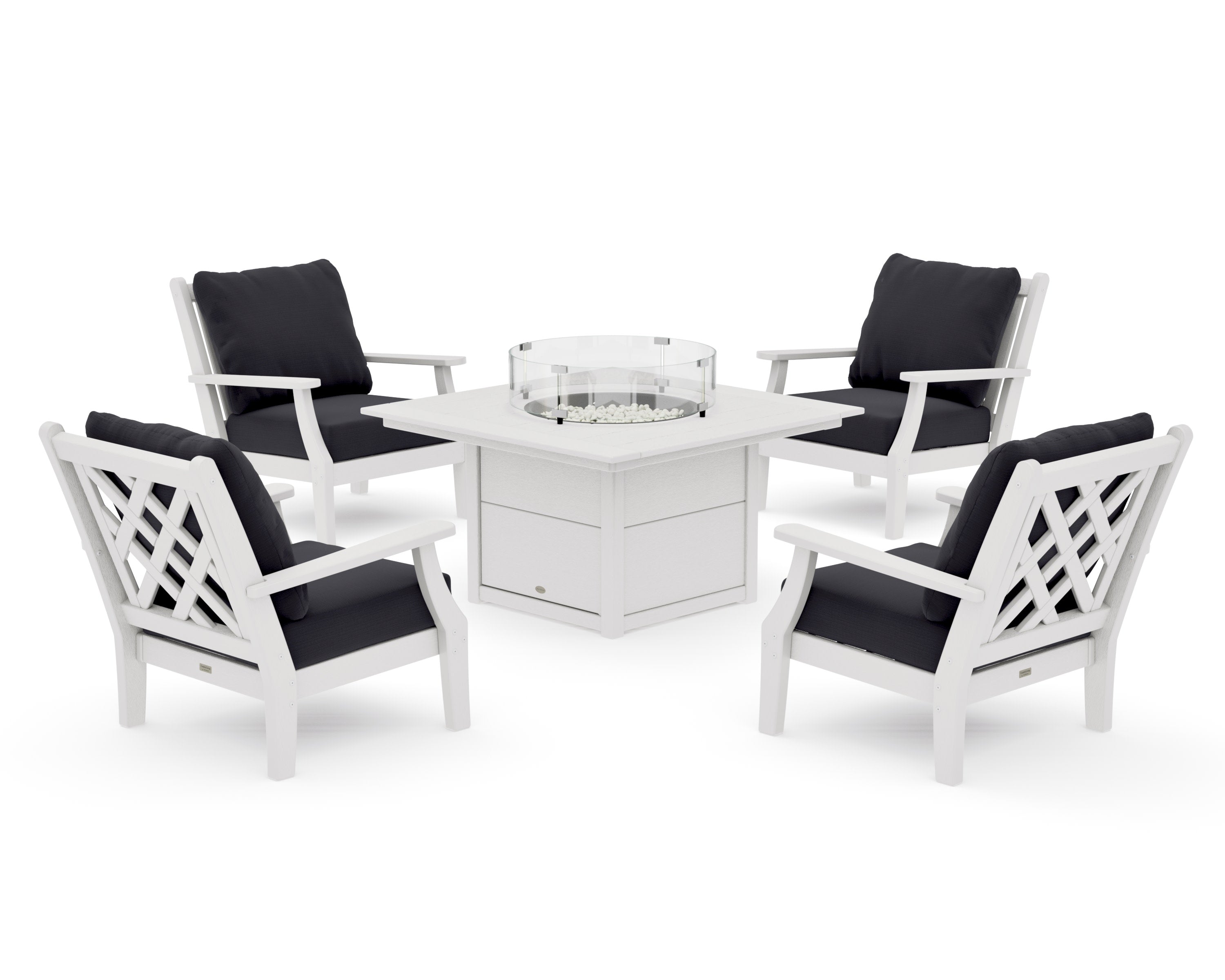 Wovendale 5-Piece Deep Seating Set with Fire Pit Table in Vintage White / Midnight Linen