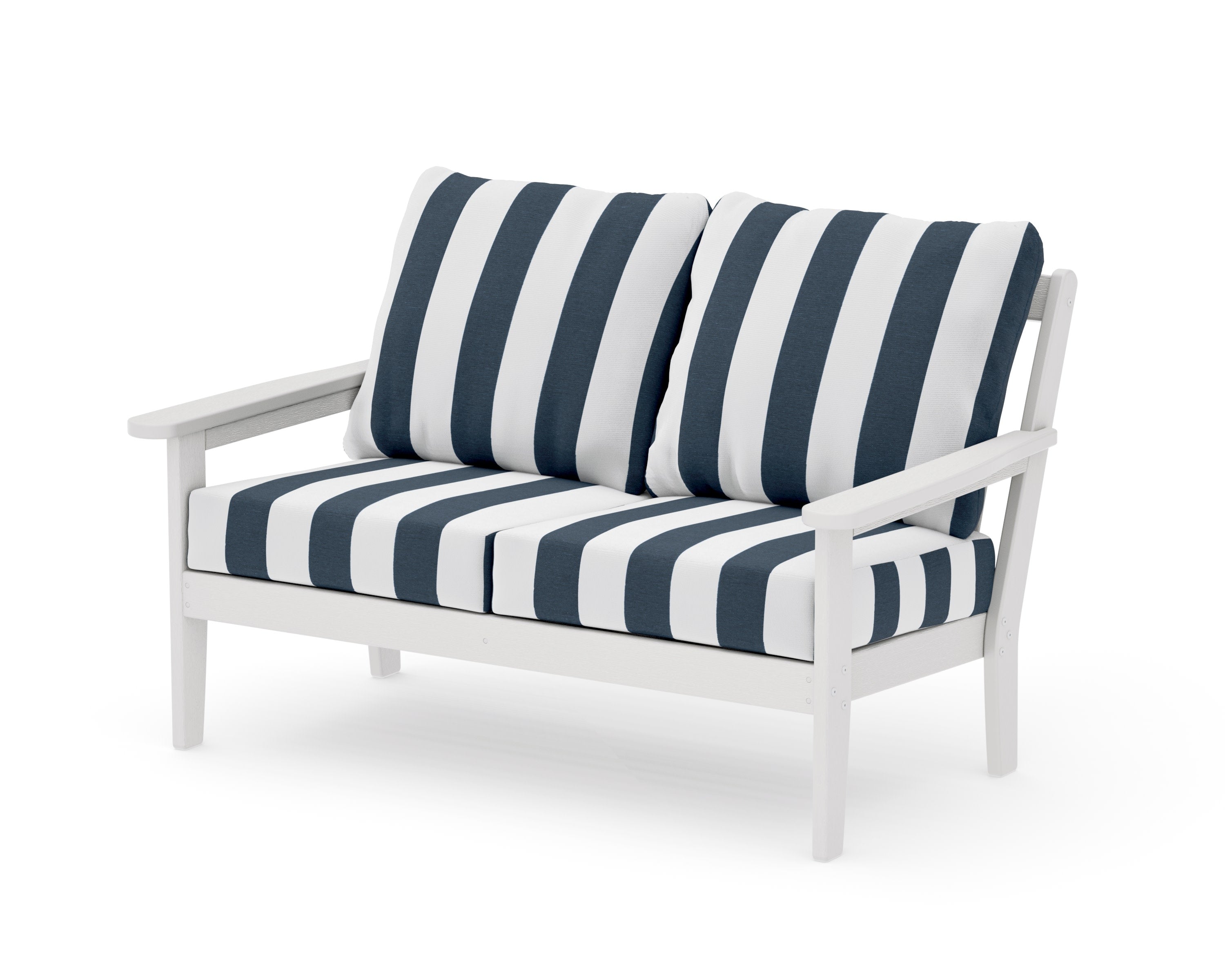 Cottage Deep Seating Loveseat in Vintage White / Cabana Stripe Marine Indigo