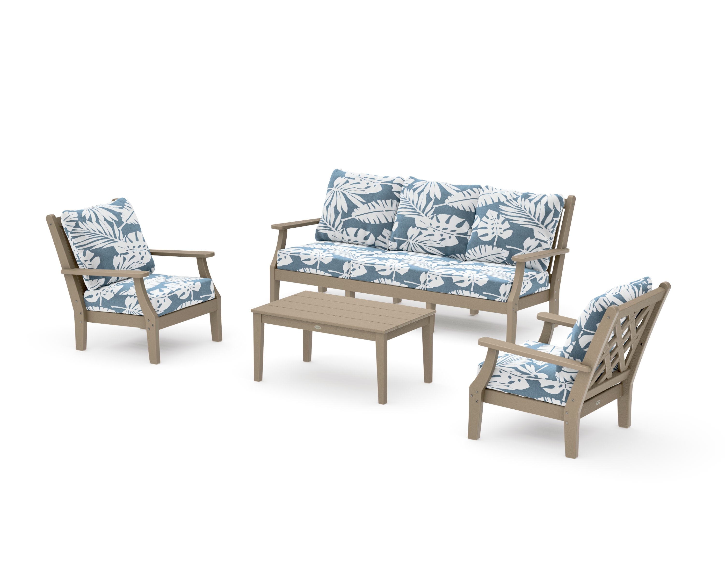 Wovendale 4-Piece Deep Seating Set with Sofa in Vintage Sahara / Leaf Sky Blue