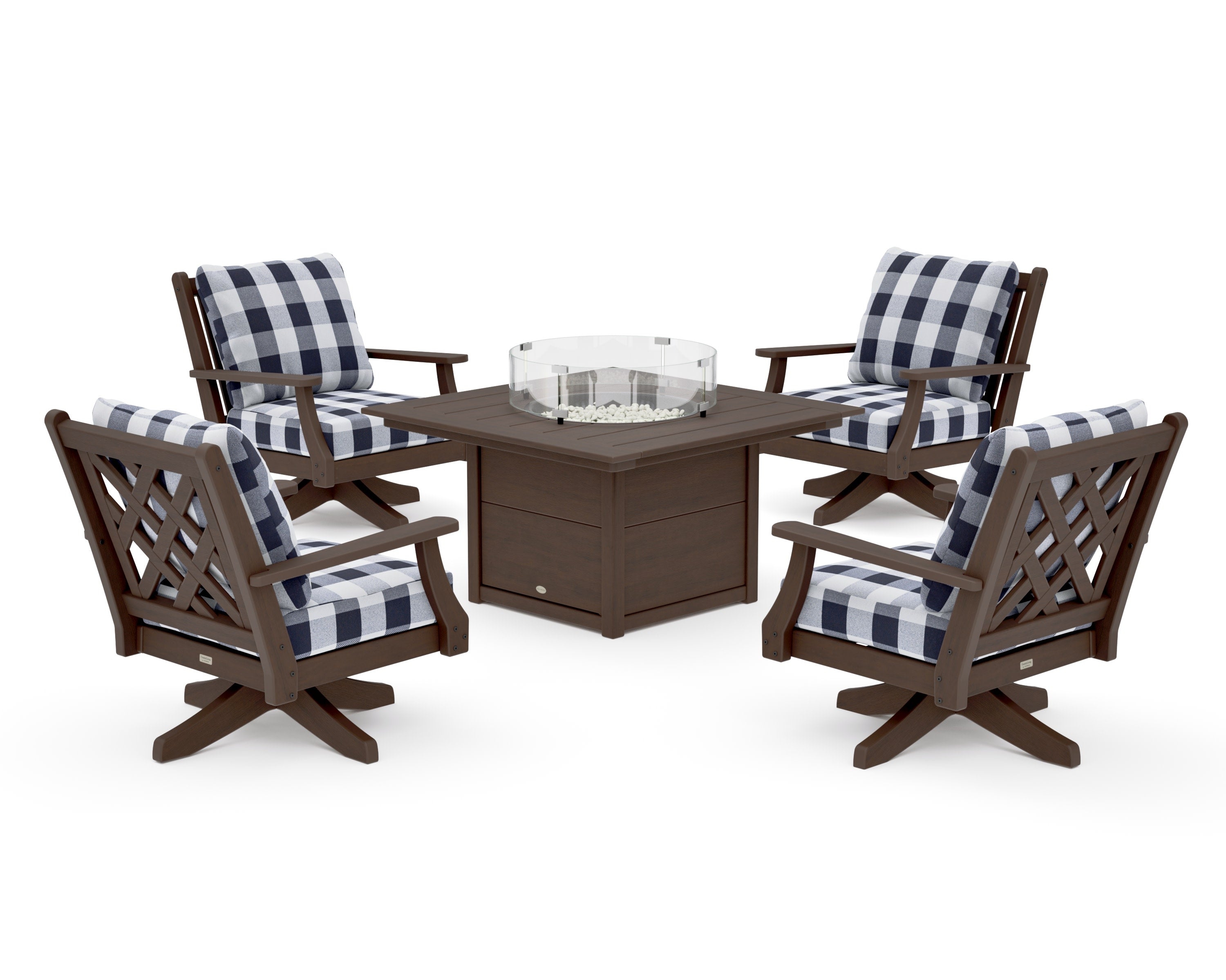 Wovendale 5-Piece Deep Seating Swivel Conversation Set with Fire Pit Table in Kona / Buffalo Plaid Navy
