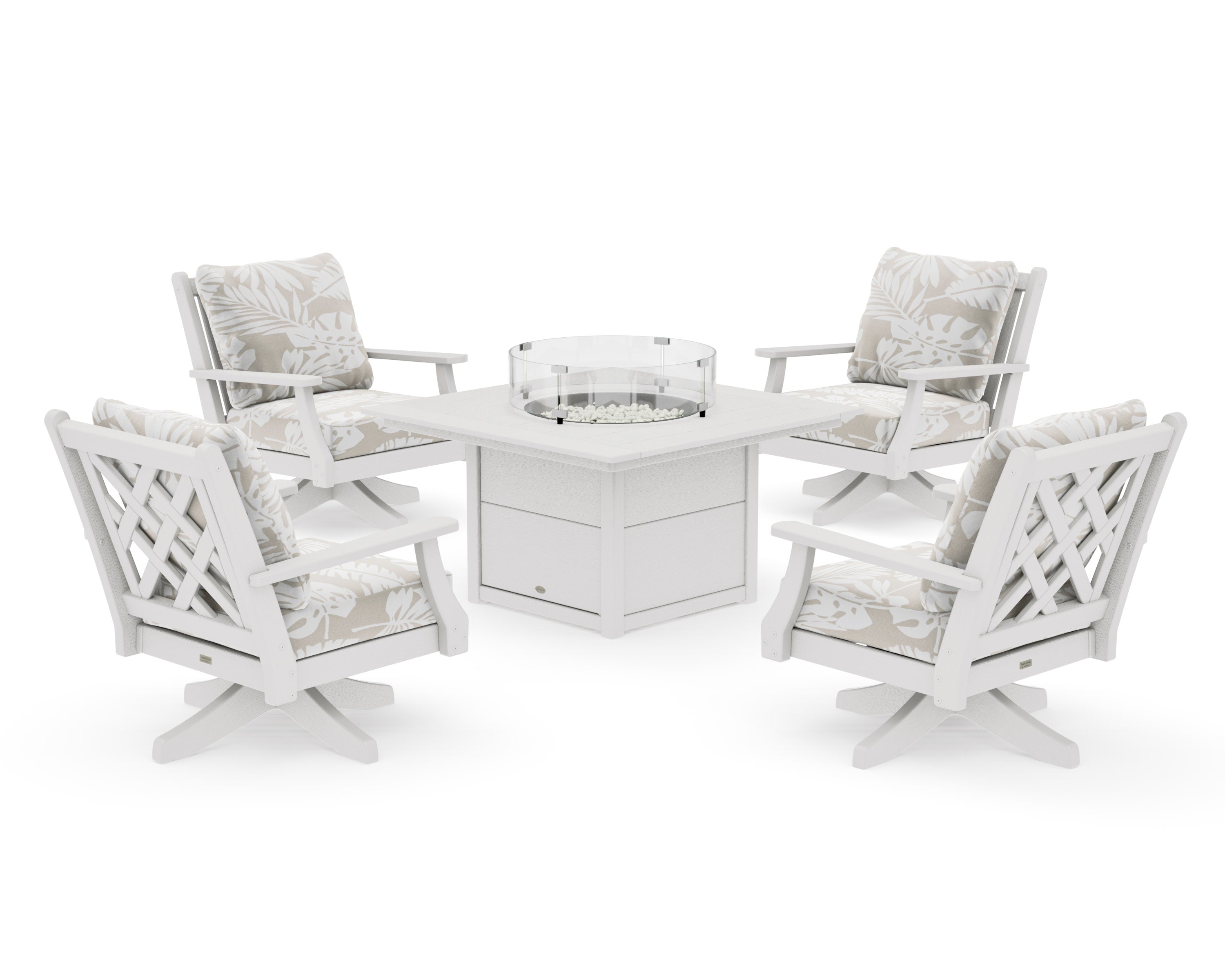 Wovendale 5-Piece Deep Seating Swivel Conversation Set with Fire Pit Table in Vintage White / Leaf Dune Burlap