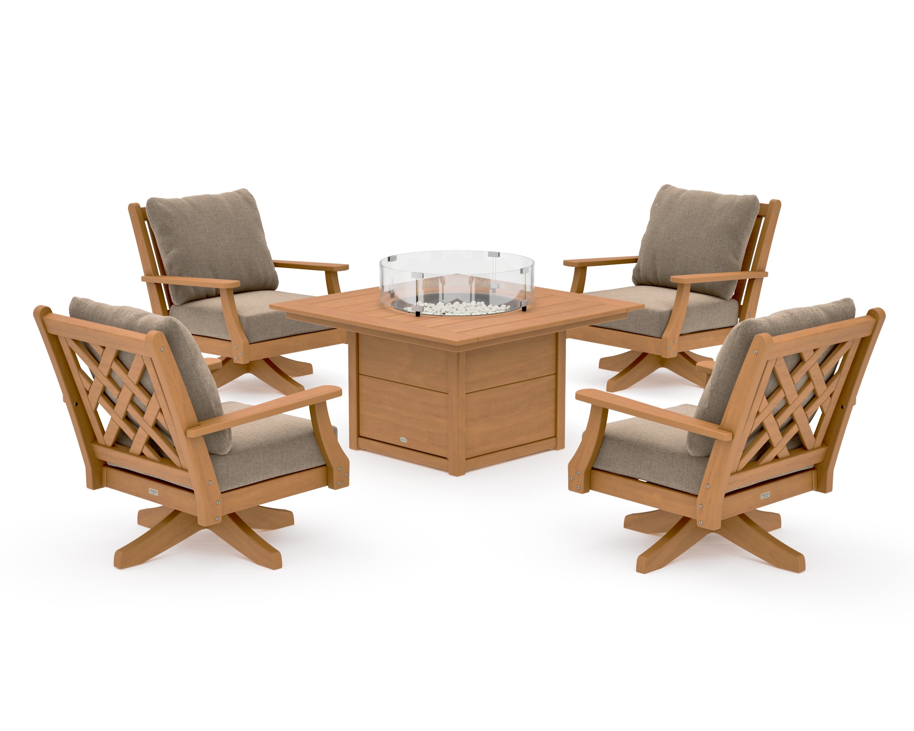 Wovendale 5-Piece Deep Seating Swivel Conversation Set with Fire Pit Table in Natural / Spiced Burlap
