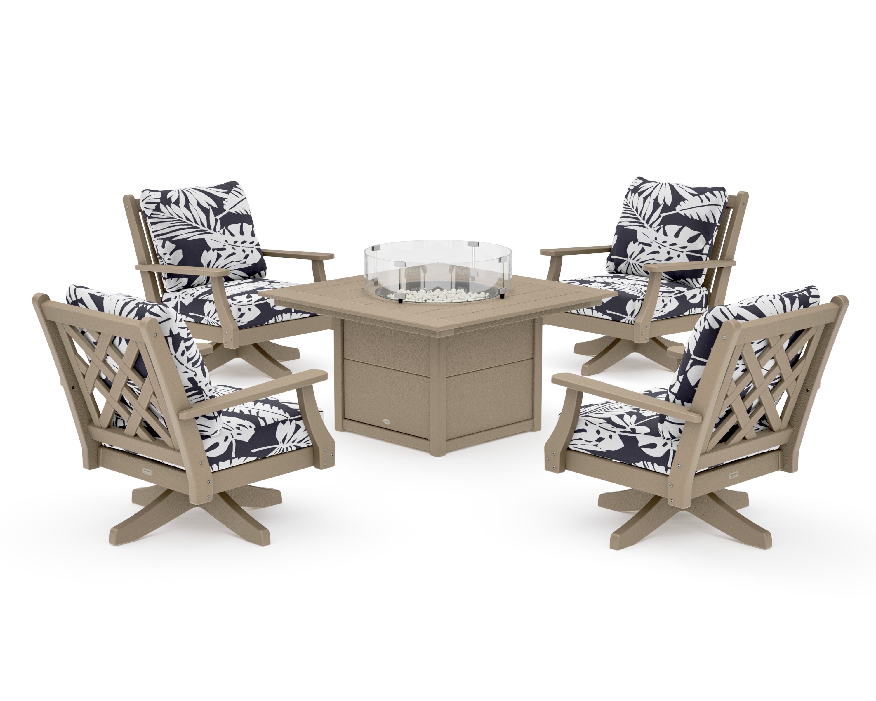 Wovendale 5-Piece Deep Seating Swivel Conversation Set with Fire Pit Table in Vintage Sahara / Leaf Navy