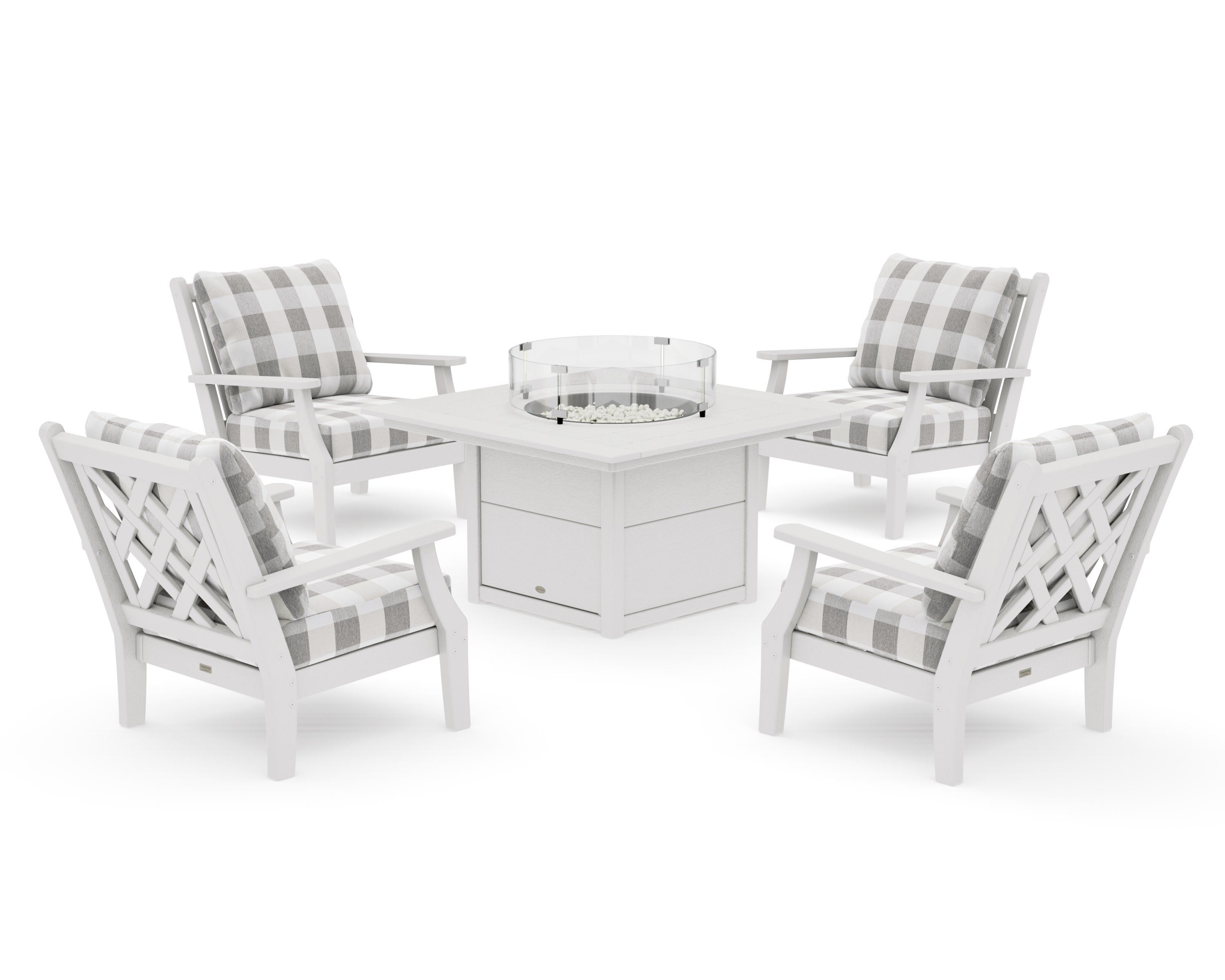 Wovendale 5-Piece Deep Seating Set with Fire Pit Table in Vintage White / Buffalo Plaid Grey Mist