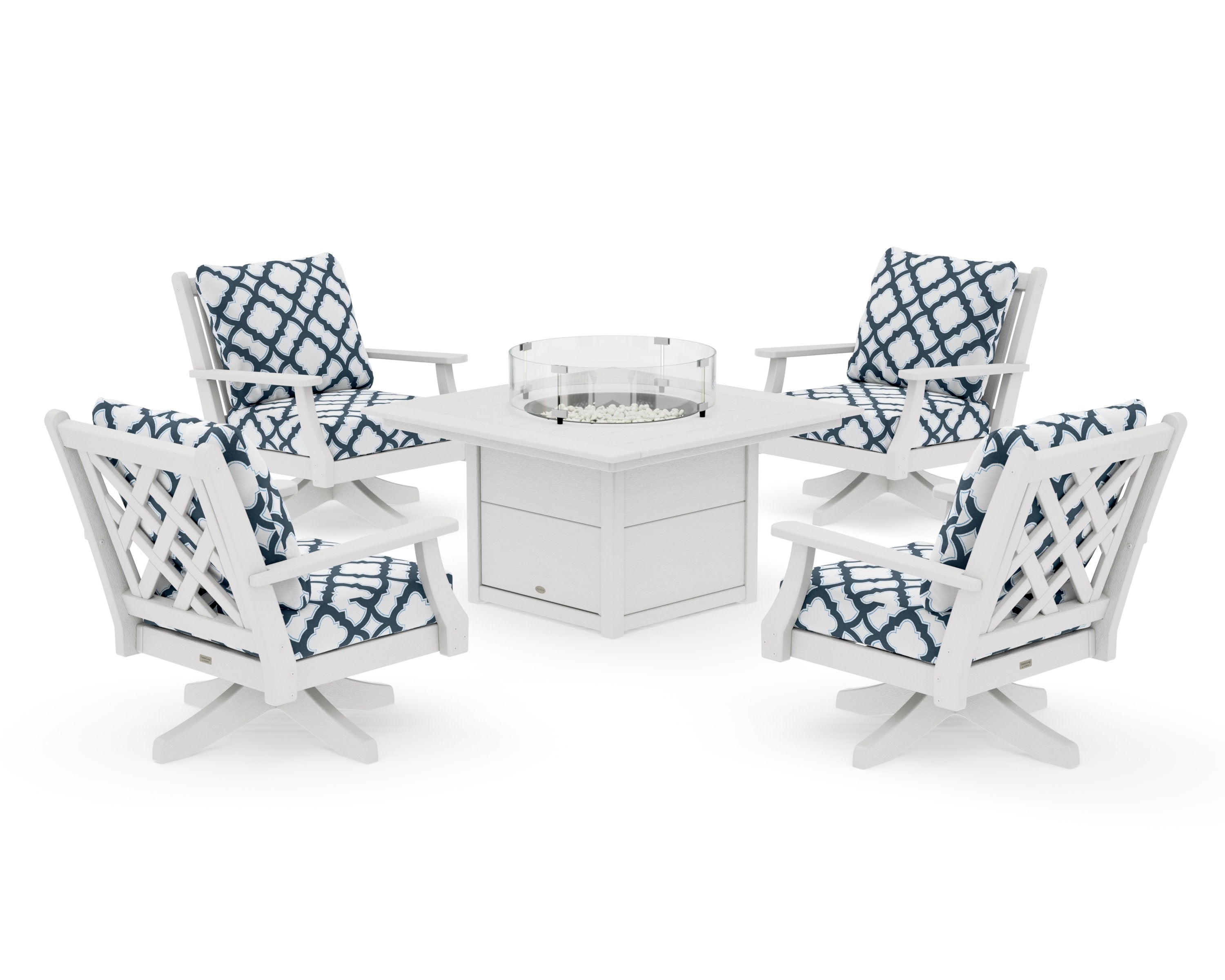 Wovendale 5-Piece Deep Seating Swivel Conversation Set with Fire Pit Table in Vintage White / Trellis Marine Indigo