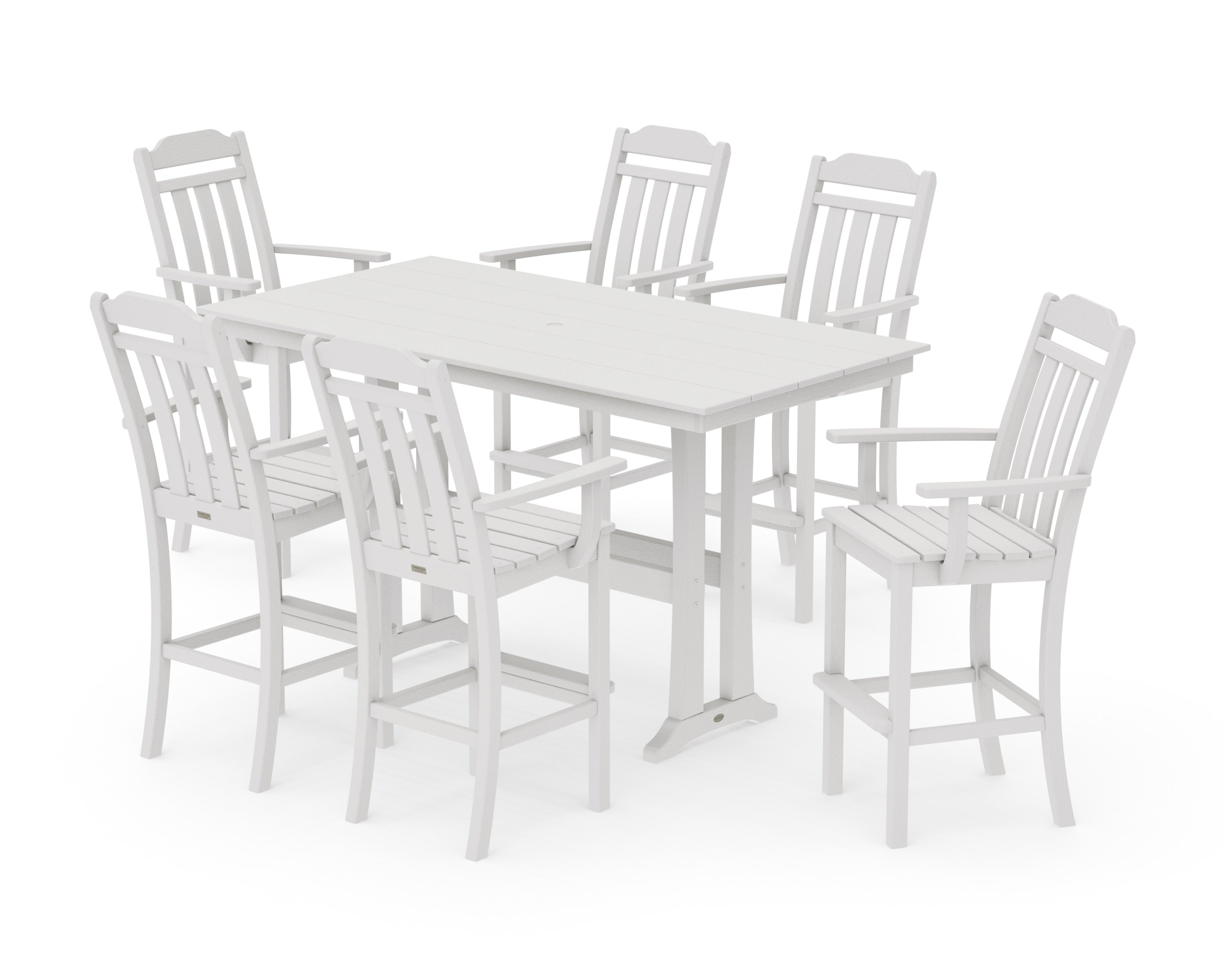 Cottage Arm Chair 7-Piece Farmhouse Bar Set with Trestle Legs in Vintage White
