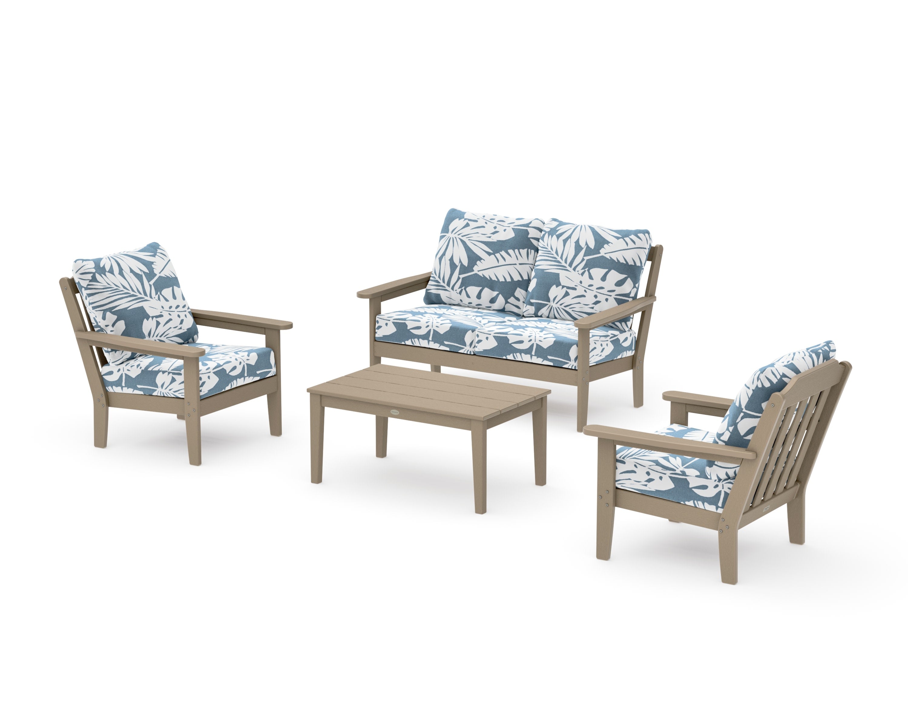 Cottage 4-Piece Deep Seating Set with Loveseat in Vintage Sahara / Leaf Sky Blue